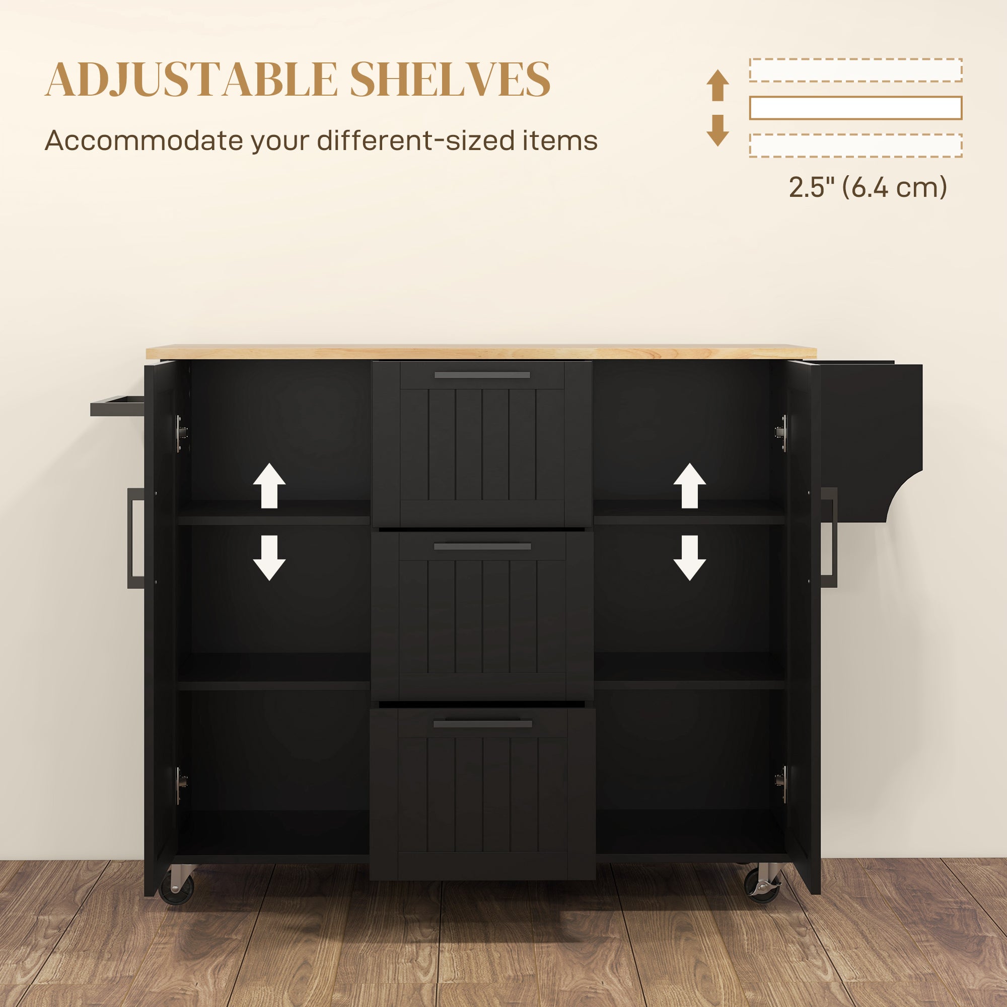 Rolling Kitchen Cart on Wheels with Drop Leaf, Kitchen Island with 3 Drawers, Solid Wood Top and Towel Rack, White