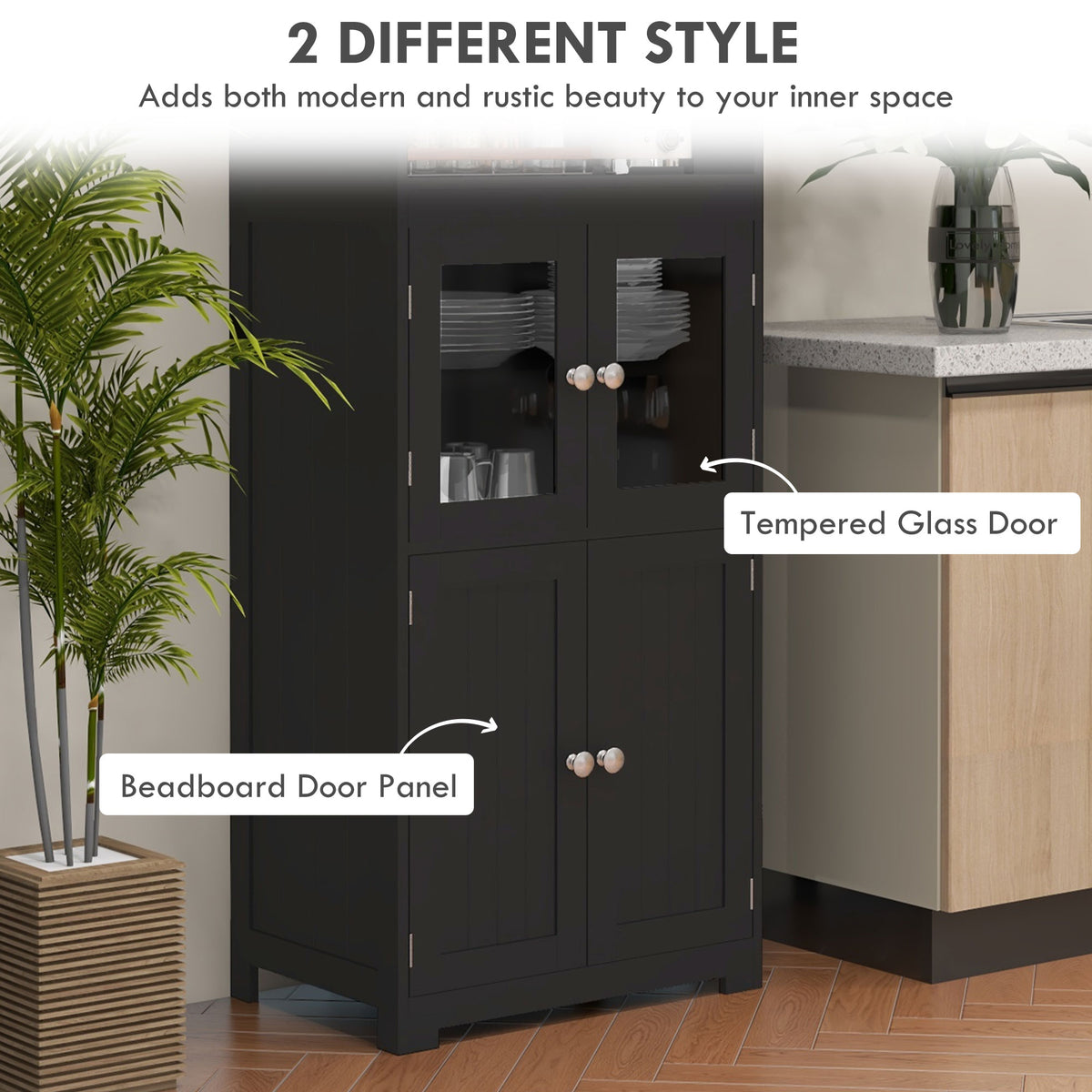 63" Small Buffet with Hutch, 4-Door Kitchen Pantry Storage Cabinet with Adjustable Shelf for Dining Room, Black