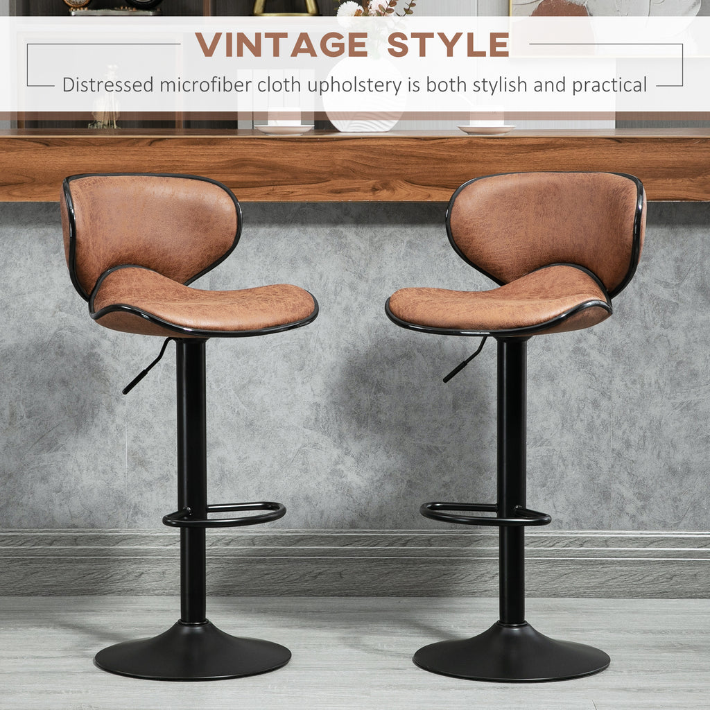 Vintage Set of 2 Microfiber Cloth Adjustable Bar Height Stools with Swivel Seat, Brown