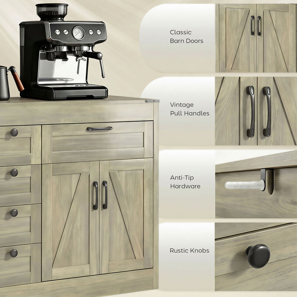 Sideboard Buffet Cabinet, 55" Farmhouse Kitchen Cabinet with 4 Barn Doors, 6 Drawers and 2 Adjustable Shelves, White