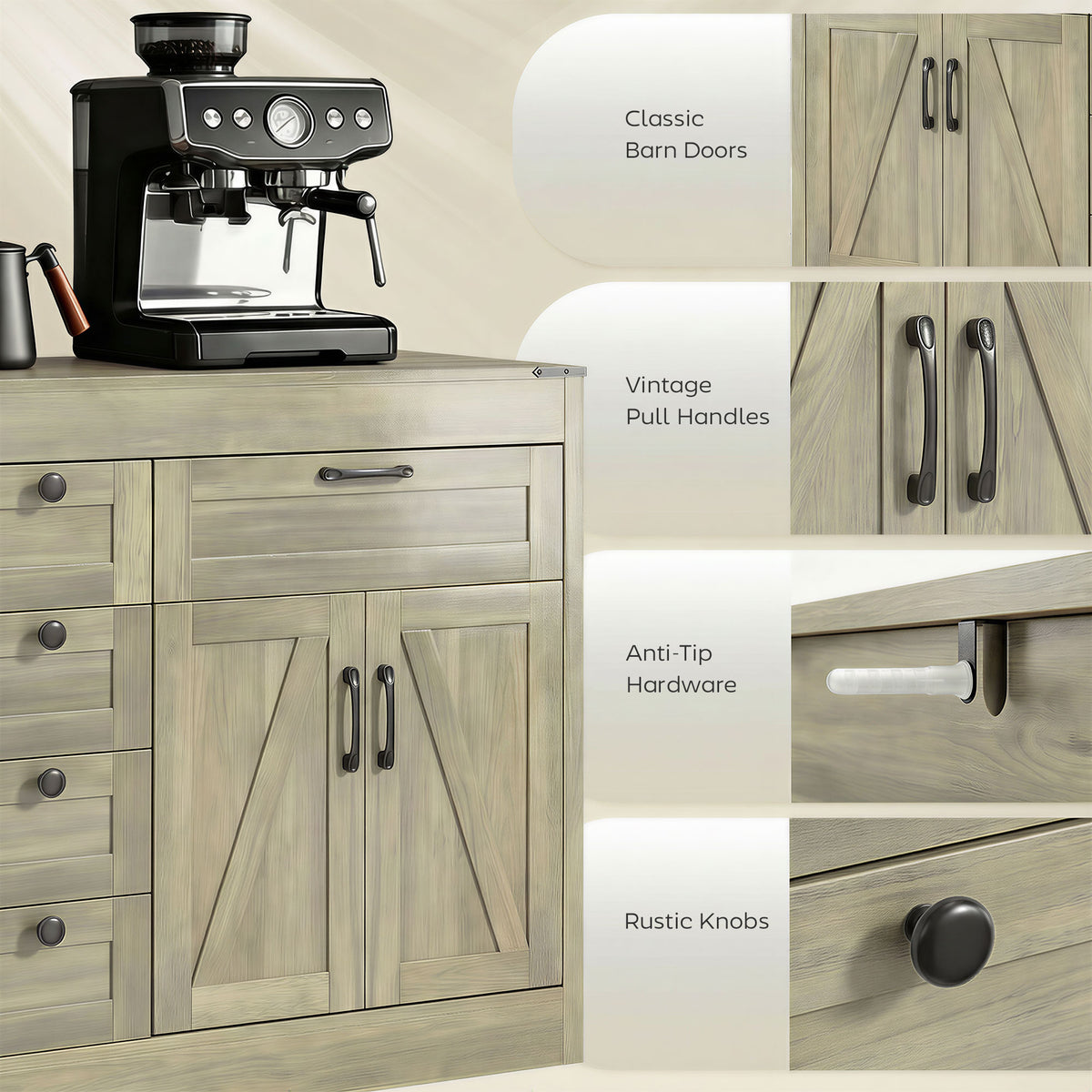 Sideboard Buffet Cabinet, 55" Farmhouse Kitchen Cabinet with 4 Barn Doors, 6 Drawers and 2 Adjustable Shelves, White
