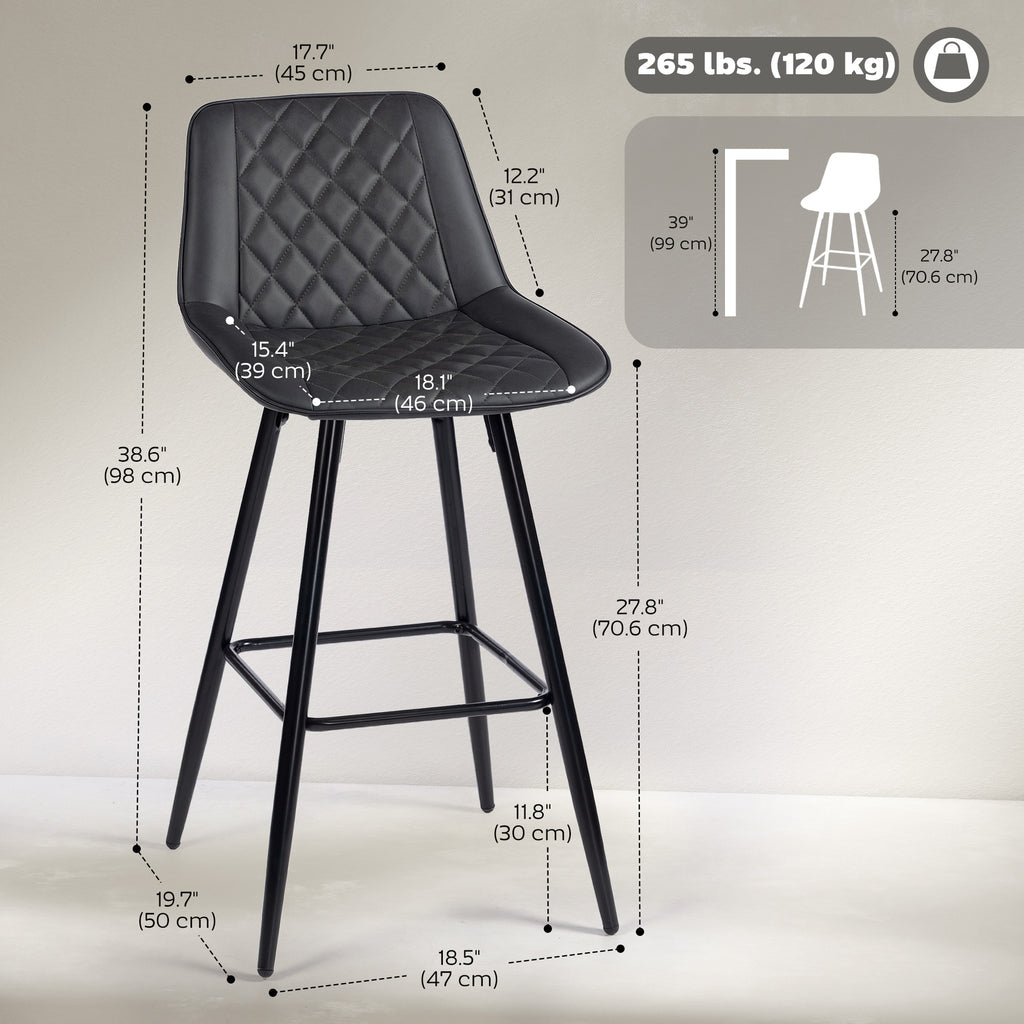 PU Leather Counter Height Bar Chairs Set of 2, 27.75" Bar Stools with Metal Legs for Dining Area, Kitchen Island, Brown