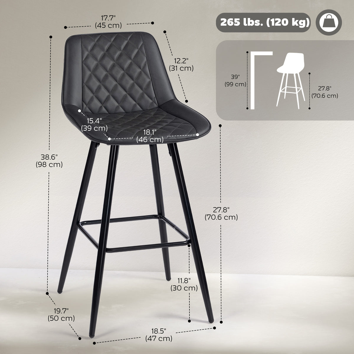 PU Leather Counter Height Bar Chairs Set of 2, 27.75" Bar Stools with Metal Legs for Dining Area, Kitchen Island, Brown