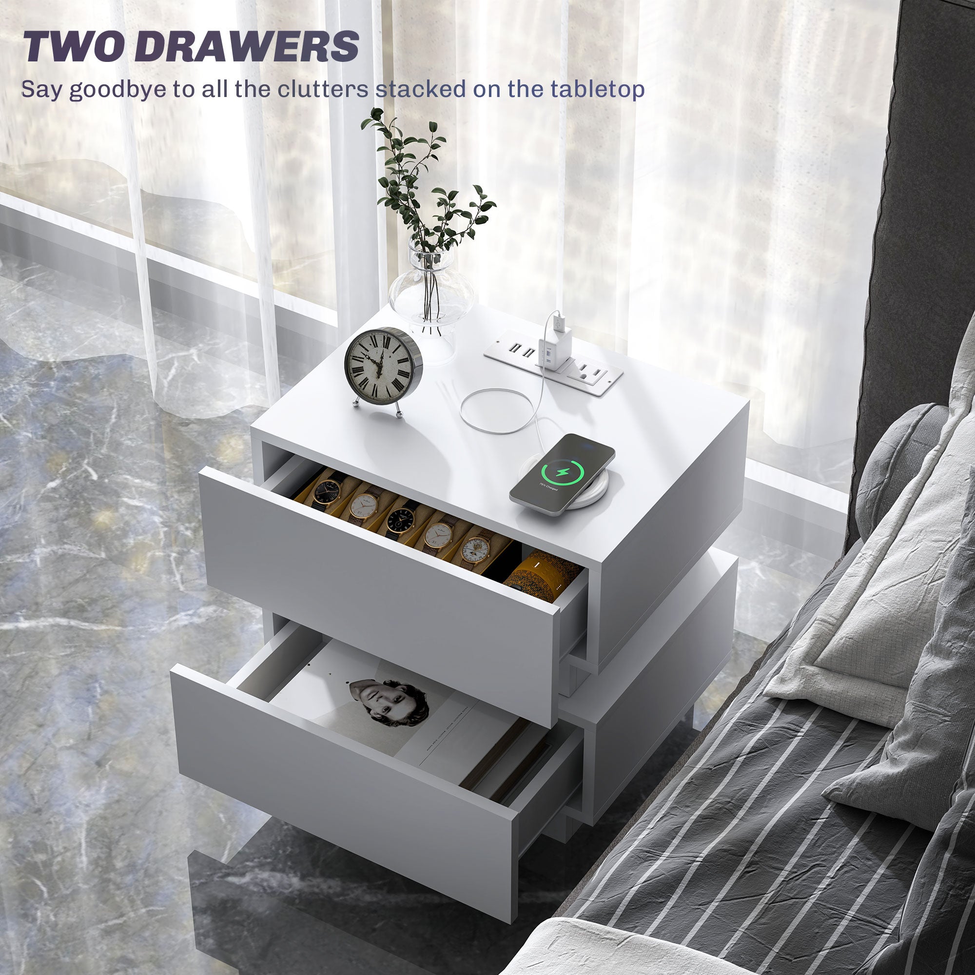 Bedside Table with Charging Station and LED Light Modern Nightstand with USB Ports AC Outlets Drawers Remote, Black