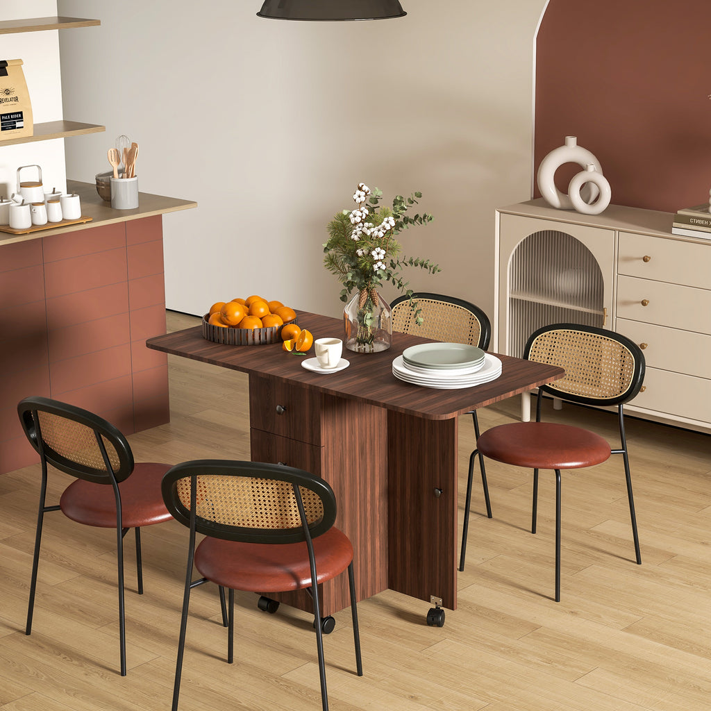 Drop Leaf Dining Table, Mobile Folding Table on Wheels with Drawers and Cabinet for Dining Room, Kitchen, Brown