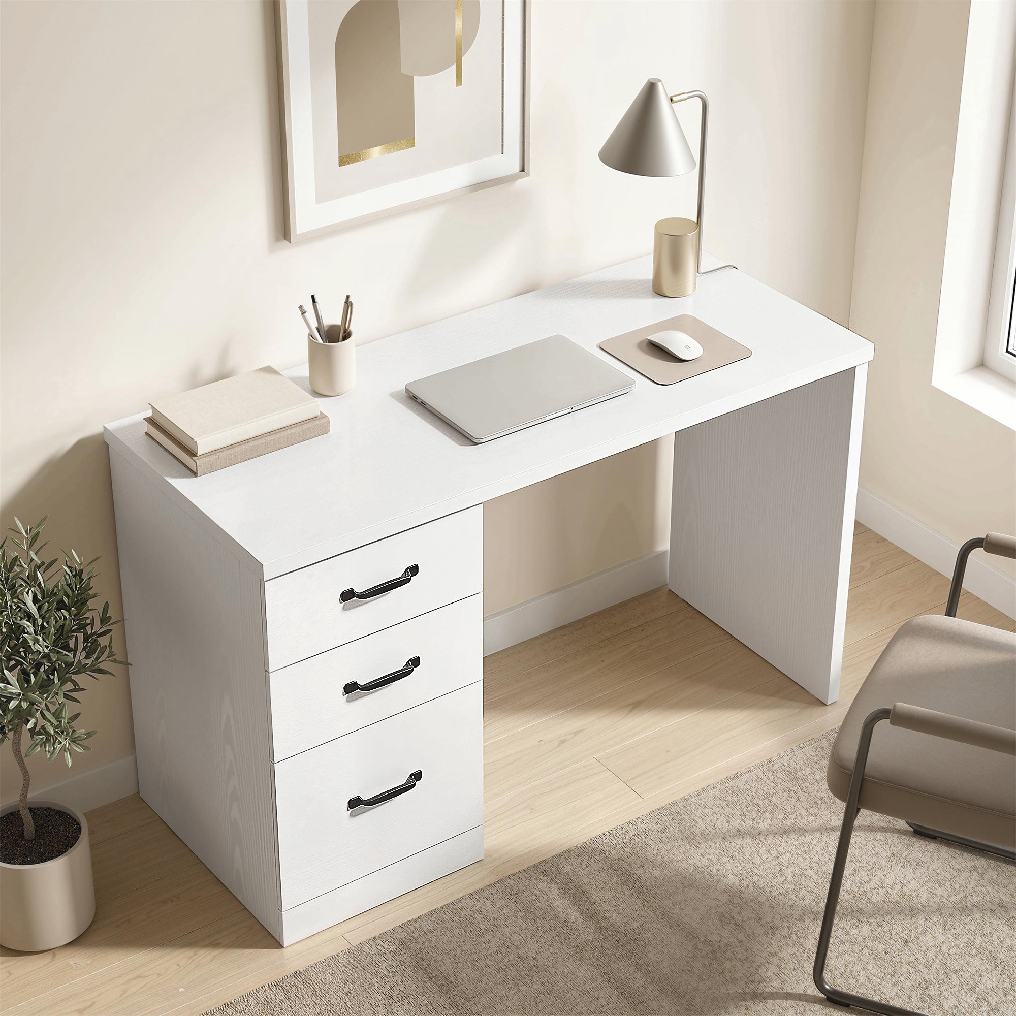 Computer Desk with 3 Drawers, 47" Home Office Desk with Adjustable Hanging Rails for Letter A4 Files, White