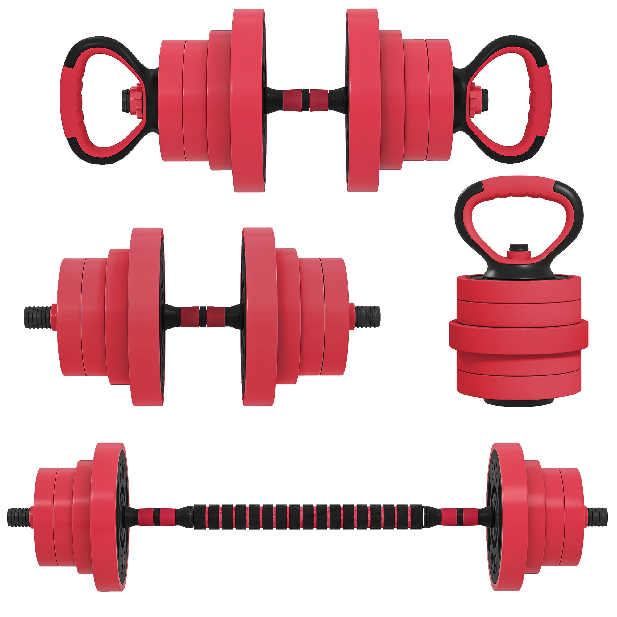 Soozier 66lbs 4-in-1 Adjustable Weight Dumbbell Set, Barbell, Kettlebell, Push Up Stand, Red