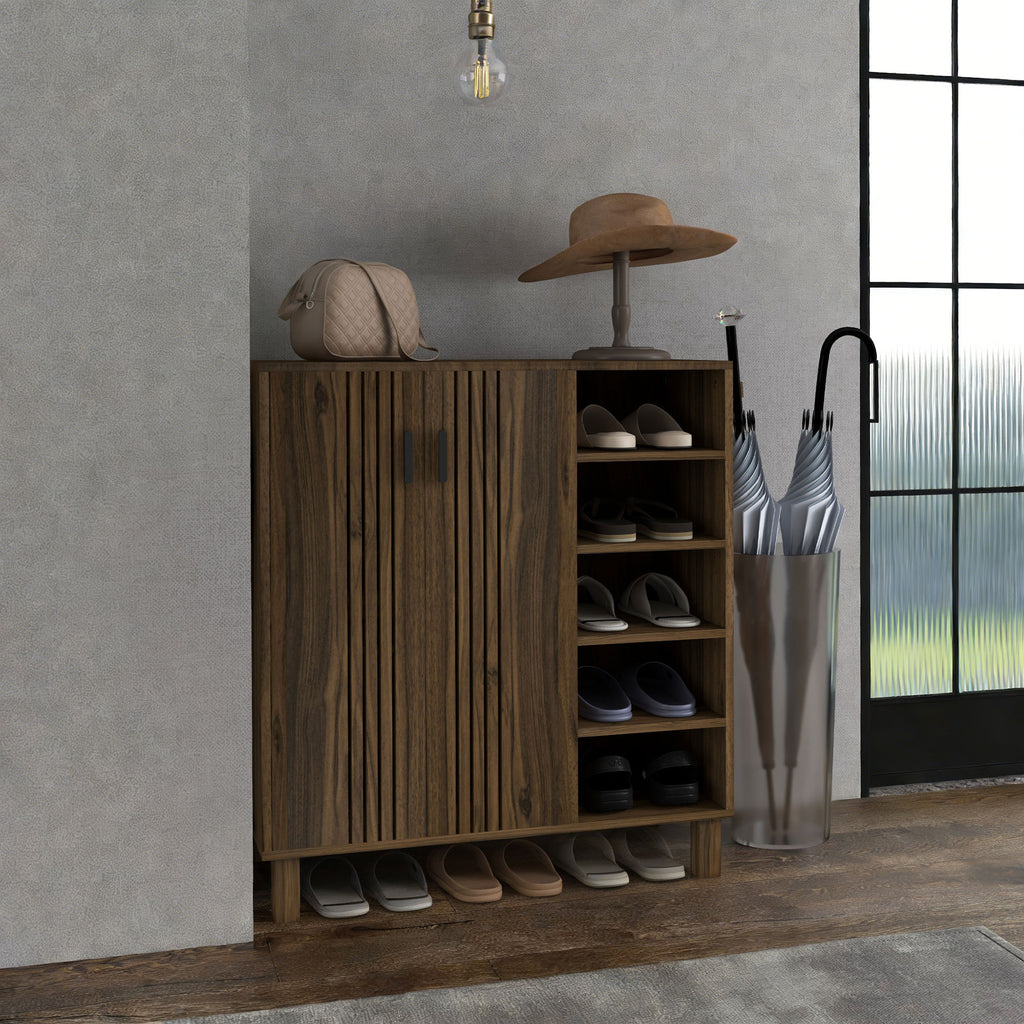 Shoe Storage with Double Doors and Open Shelves 17 Pair Shoe Storage Organizer for Entryway Hallway Walnut