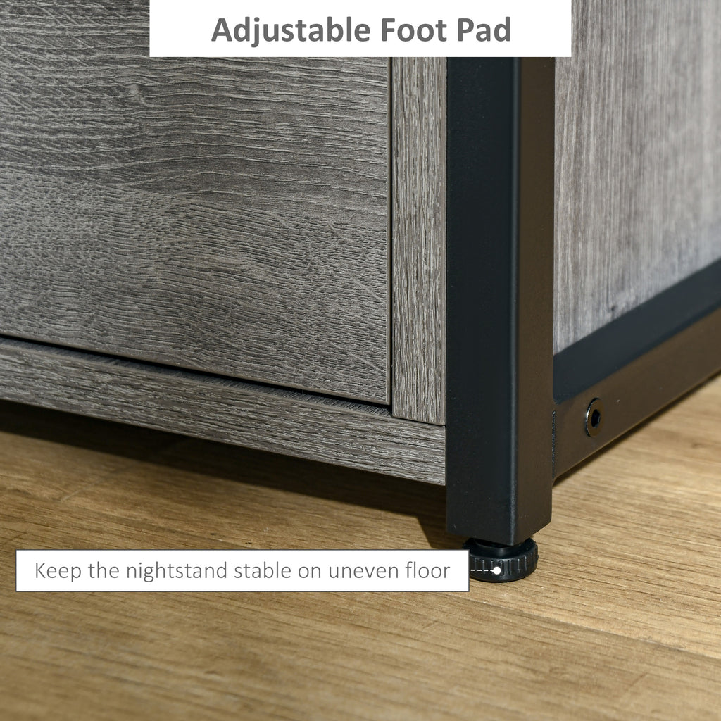 Nightstand with 2 Drawers, Industrial Side Table with Storage Shelf, Accent End Table for Bedroom, Living Room, Grey