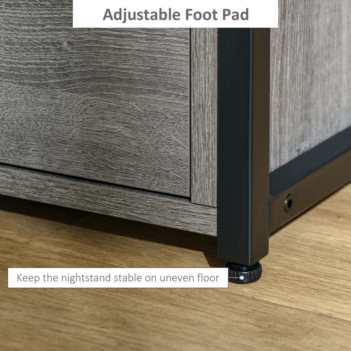 Nightstand with 2 Drawers, Industrial Side Table with Storage Shelf, Accent End Table for Bedroom, Living Room, Grey