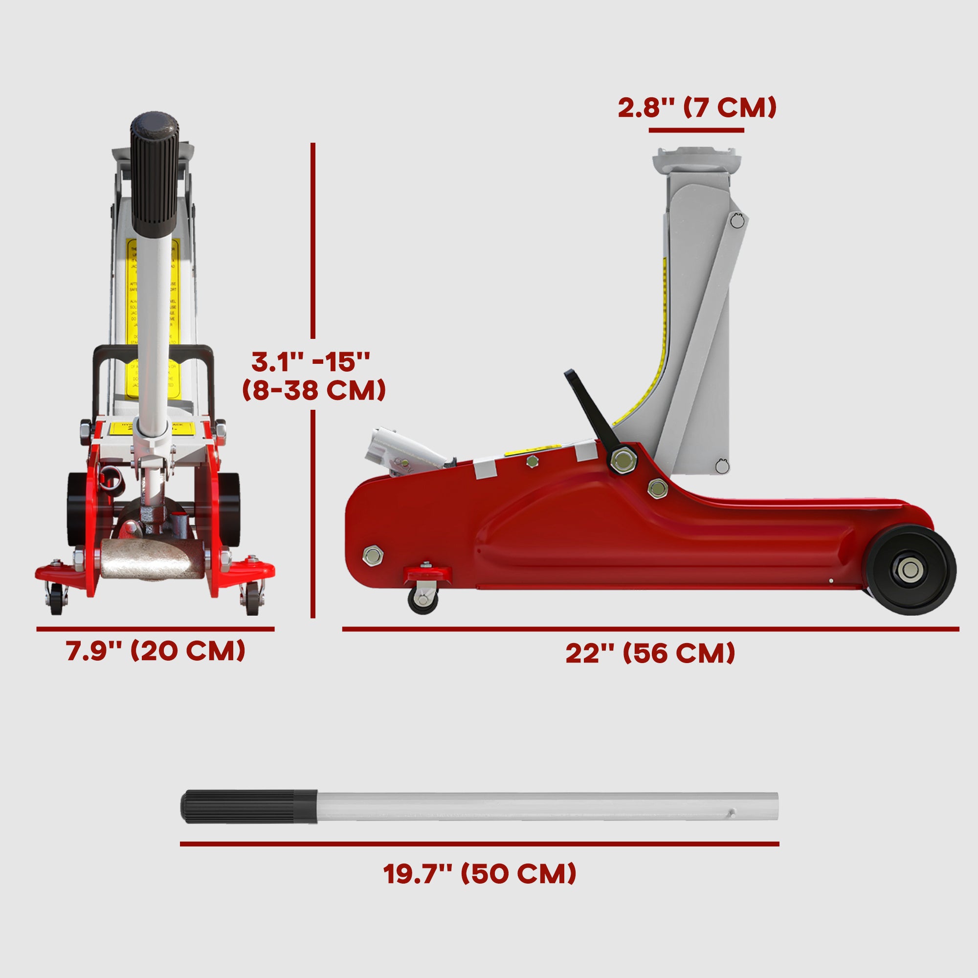 Low Profile Jack, Hydraulic Racing Floor Jack, 3.1"-15" Lifting Range, 2.5 Ton (5,000 lb) Capacity, Red
