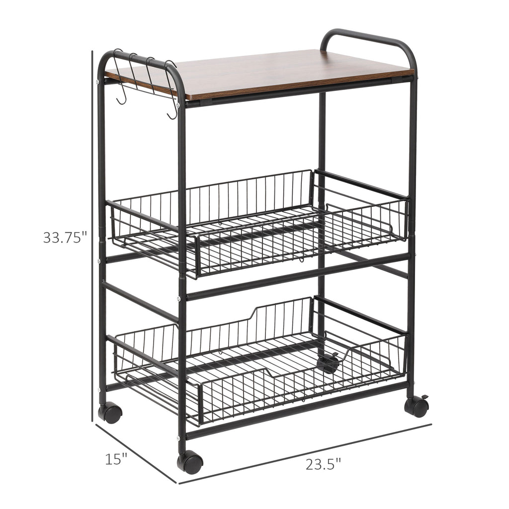 Rolling Kitchen Cart, 3-Tier Utility Storage Cart with 2 Basket Drawers & Side Hooks, Lockable Casters for Dining Room