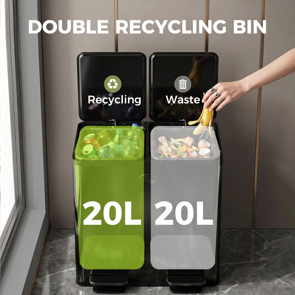 Garbage Bin, Soft-Close Trash Can with Foot Pedal, 2x5 Gal (2x20 L) Garbage Can with Removable Inner Buckets, Black