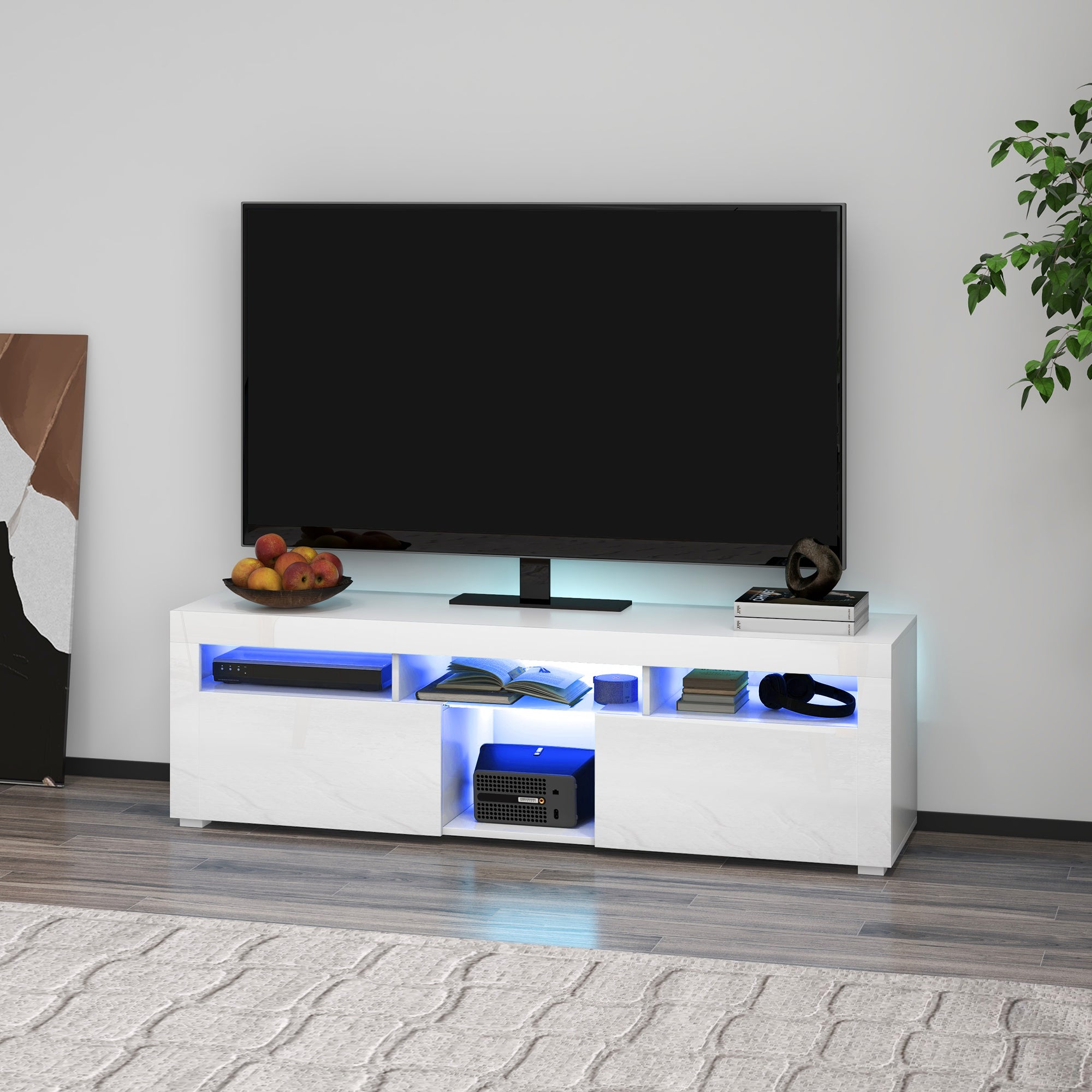 Modern TV Stand with Storage and LED Lights for TVs up to 55", TV Cabinet with Open Compartments, High Gloss White