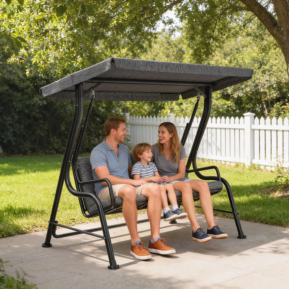 3-Person Porch Swing Chair, Patio Swing Bench with Adjustable Canopy, Removable Thicken Cushion, Black