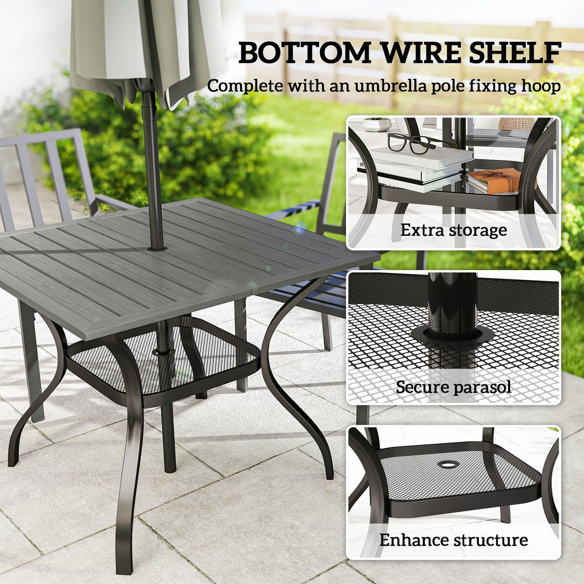 Outdoor Dining Table for 4, Square Patio Table with Umbrella Hole, Shelf, Slatted Faux Wood Steel Top, Grey