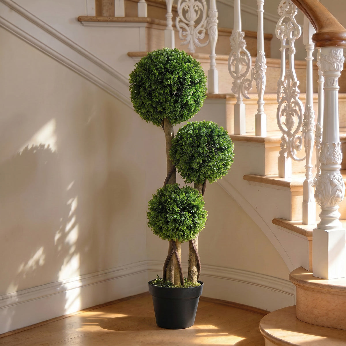 35 Inch Potted Fake Plant, Artificial Boxwood Topiary Tree, Triple Ball Tree for Indoor and Outdoor, Green