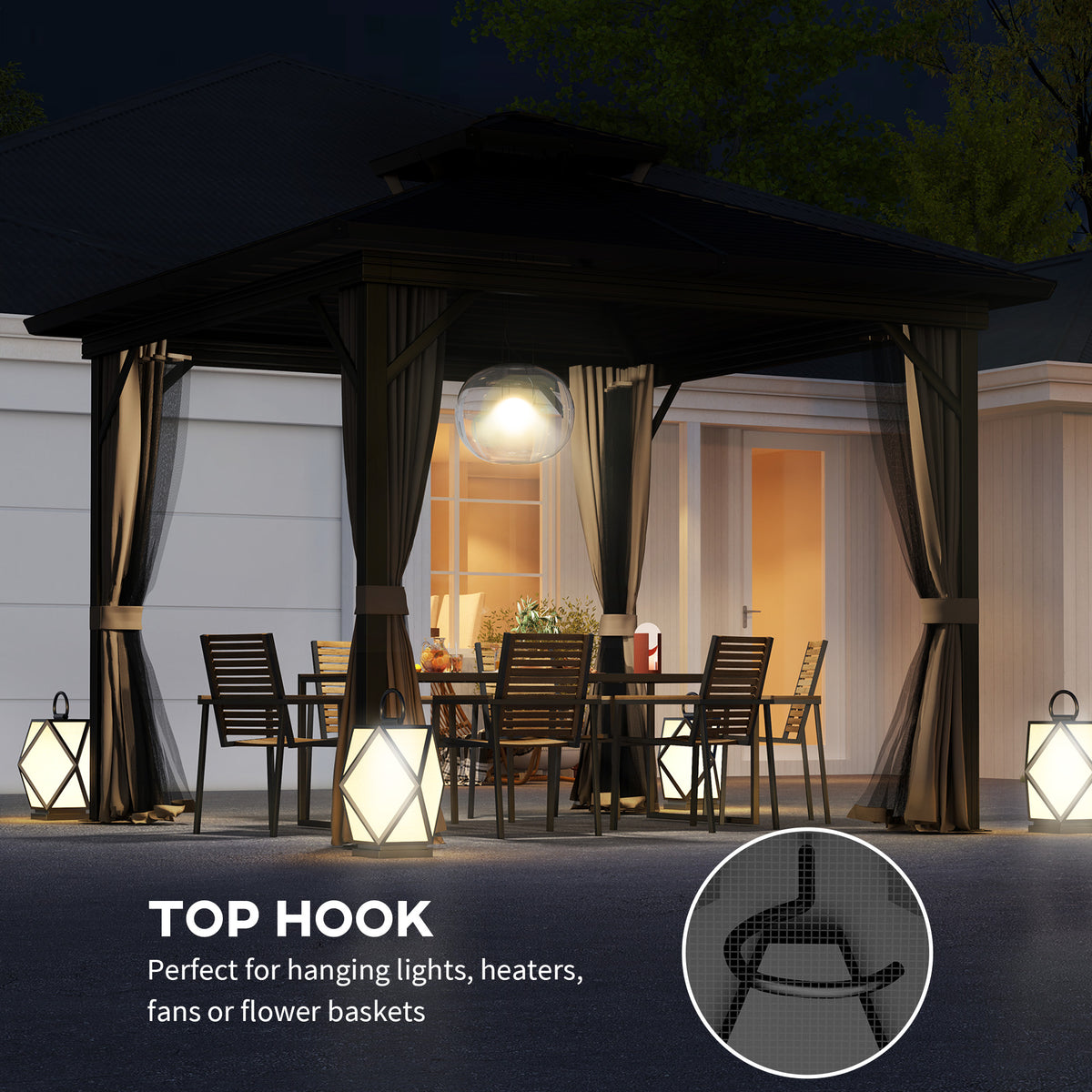 10' x 10' Hardtop Gazebo, Sun Shelter with Double Tier Metal Roof, Mosquito Netting, and Hanging Hook, Dark Brown