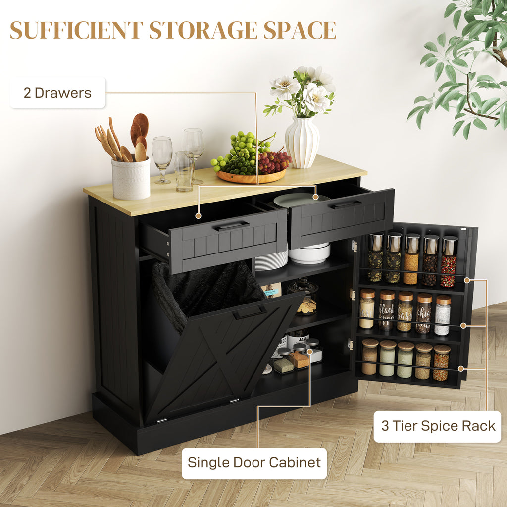 10 Gallon Hidden Garbage Bin Cabinet, Tilt Out Trash Cabinet w/ 2 Drawers, Freestanding Kitchen Island, Black