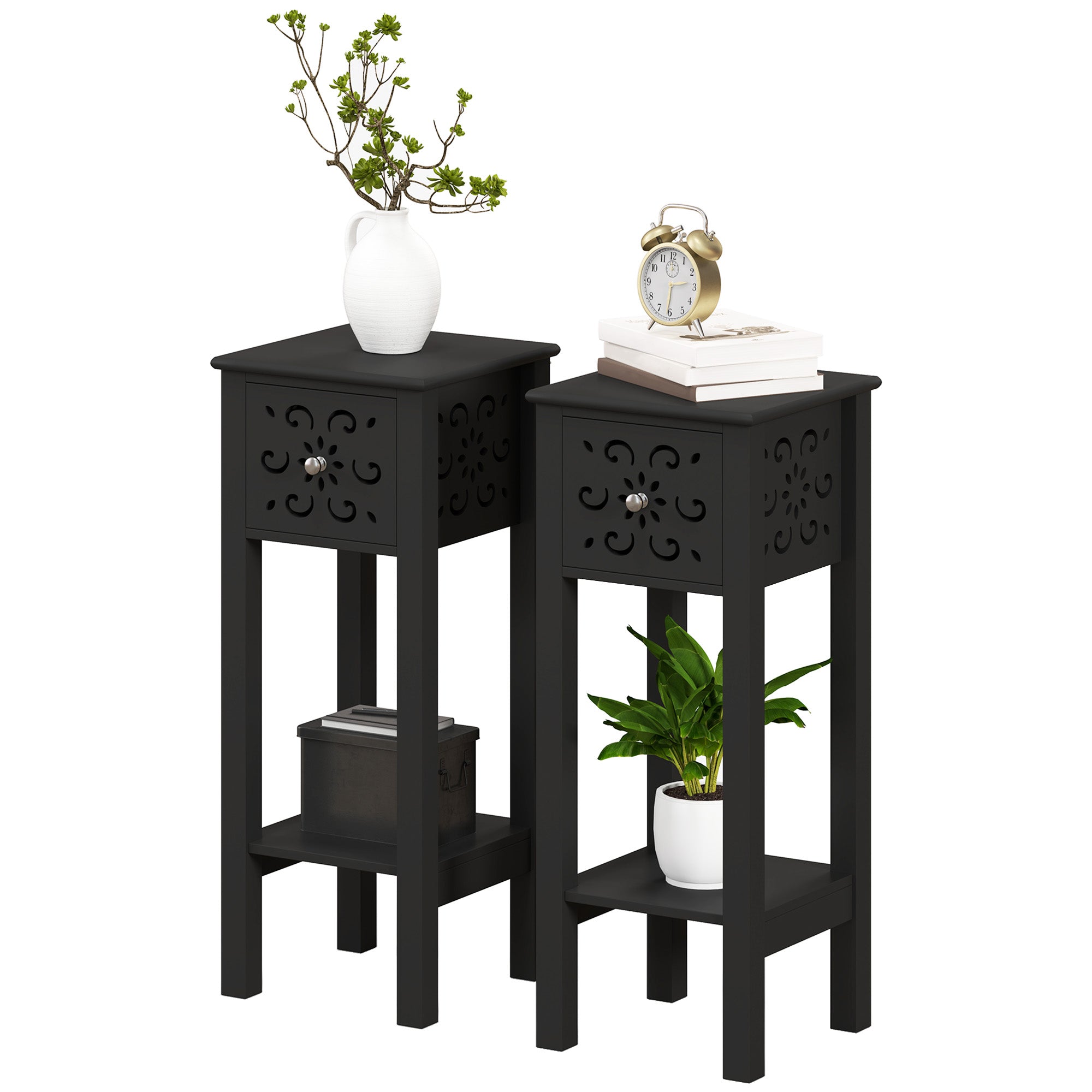 Nightstand Set of 2 with Drawer and Open Storage Shelf White