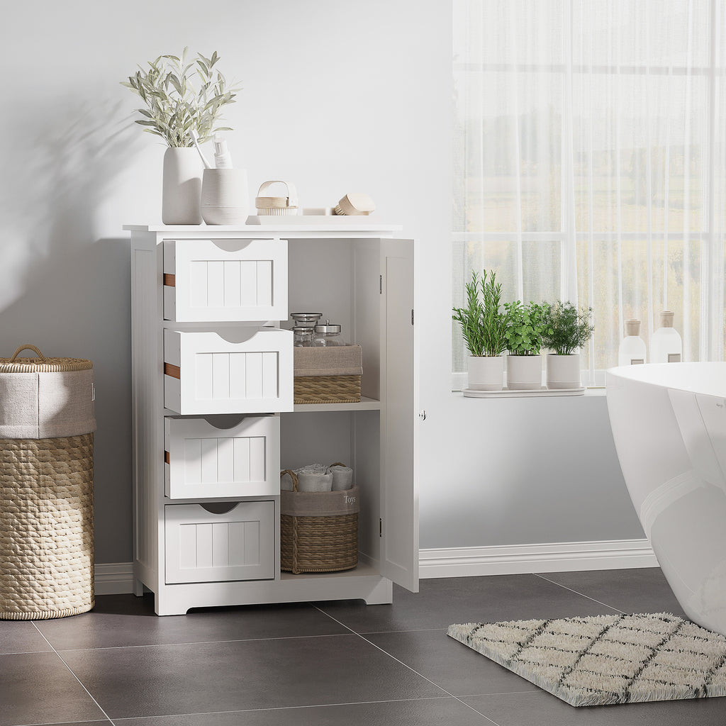 Bathroom Storage Cabinet, Floor Cabinet with Adjustable Shelf and 4 Drawers, Side Cabinet for Washroom, White