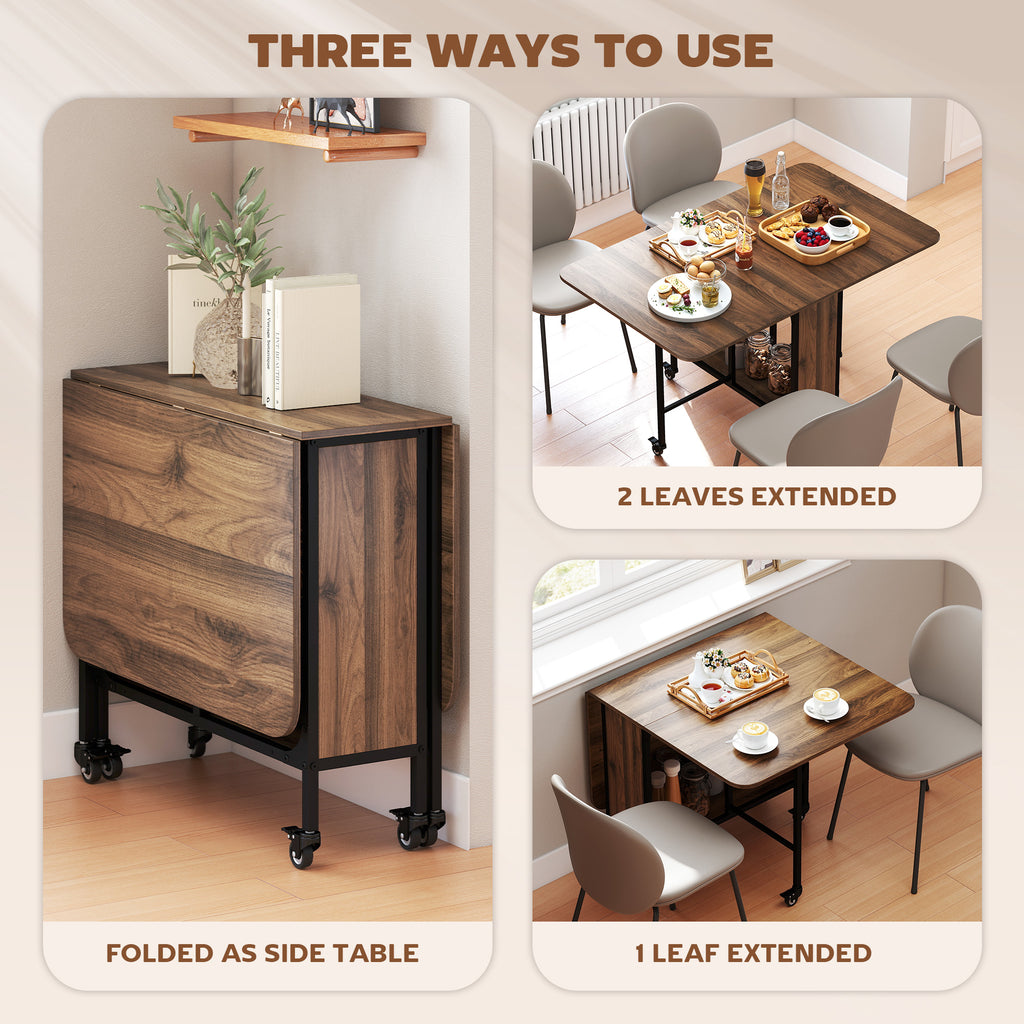 Folding Dining Table, Extendable Kitchen Table for Small Spaces with Storage Shelf and 6 Wheels, Brown Wood Grain