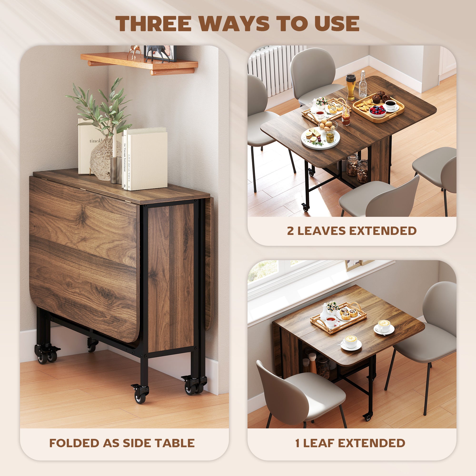 Folding Dining Table, Extendable Kitchen Table for Small Spaces with Storage Shelf and 6 Wheels, Brown Wood Grain