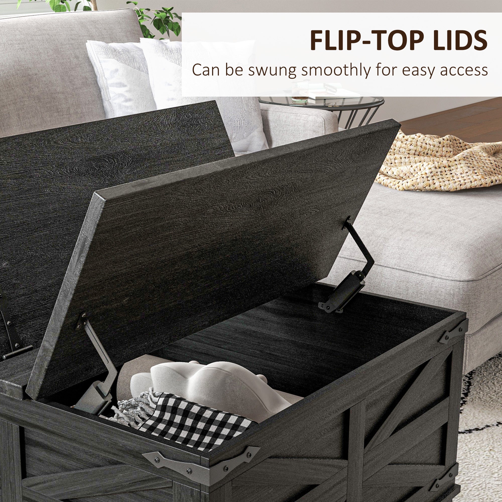 Farmhouse Coffee Table, Square Center Table with Flip-top Lids, Hidden Storage Compartment, Black