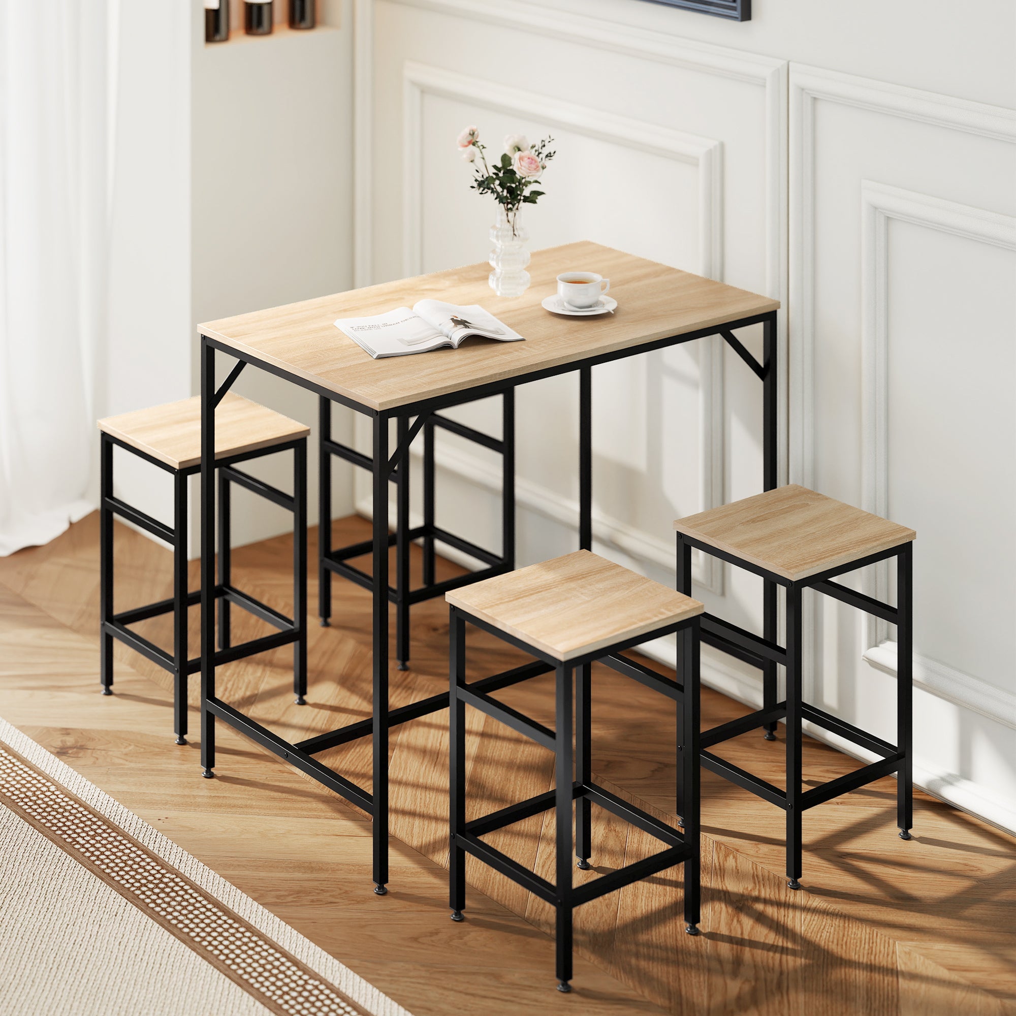 5 Pieces Industrial Rectangular Bar Table Set, Dining Table Set Breakfast Table with 4 Stools for Dining Room, Kitchen, Dinette, Oak