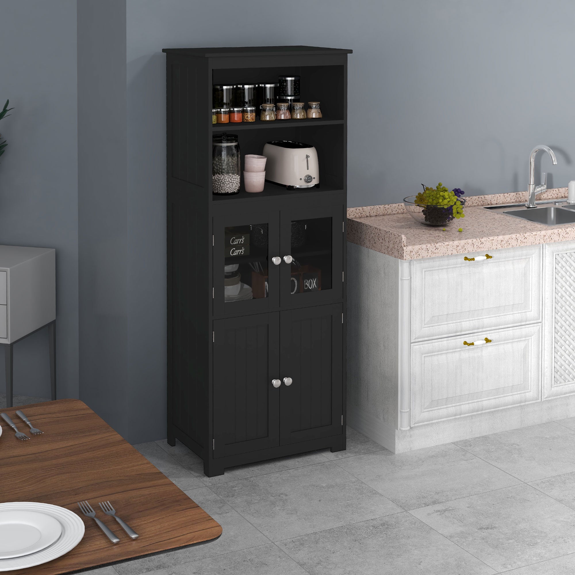 63" Small Buffet with Hutch, 4-Door Kitchen Pantry Storage Cabinet with Adjustable Shelf for Dining Room, Black