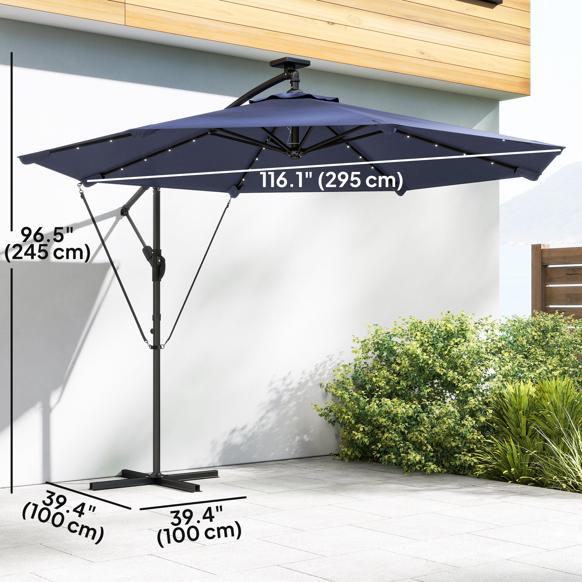 9.7ft Solar LED Cantilever Patio Umbrella with 32 LED Lights, Cross Base, Crank Handle, for Poolside, Deck, Dark Grey