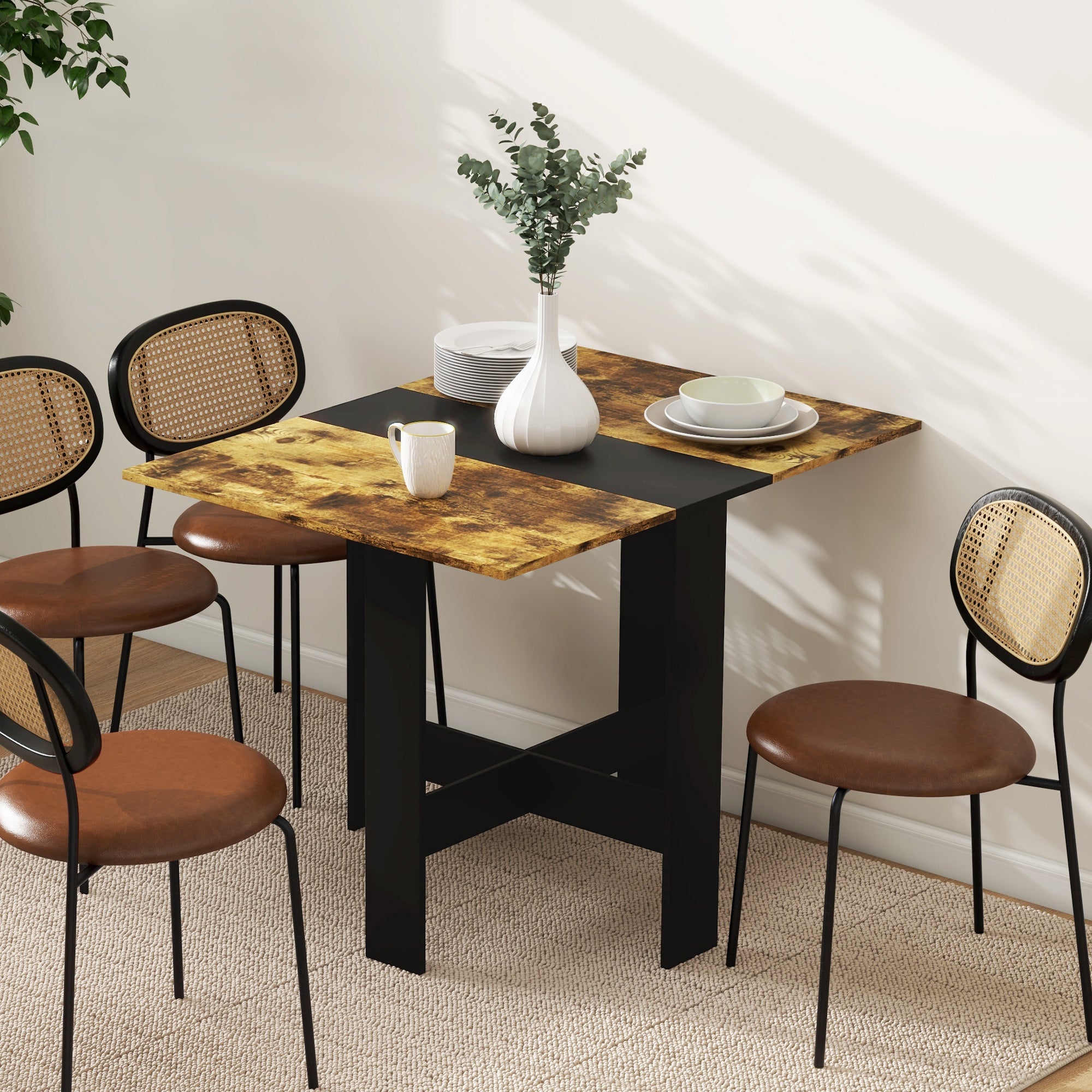 Drop Leaf Dining Table Wood Folding Table Multi-Use Side Table Dining Desk Space Saving Table, Rustic Brown and Black