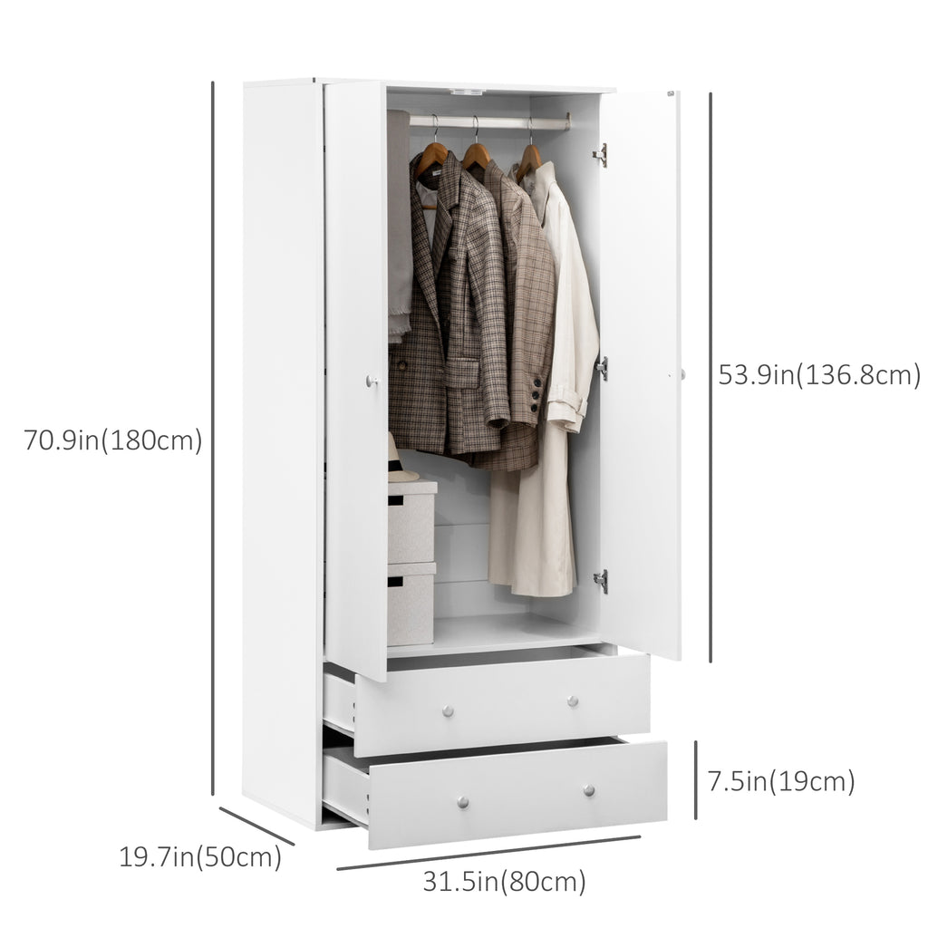 Armoire Wardrobe Closet with 2 Drawers, 71" Tall Wardrobe Cabinet with Hanging Rod, 2 Door Bedroom Armoires, Modern Clothing Storage Cabinet for Bedroom, White