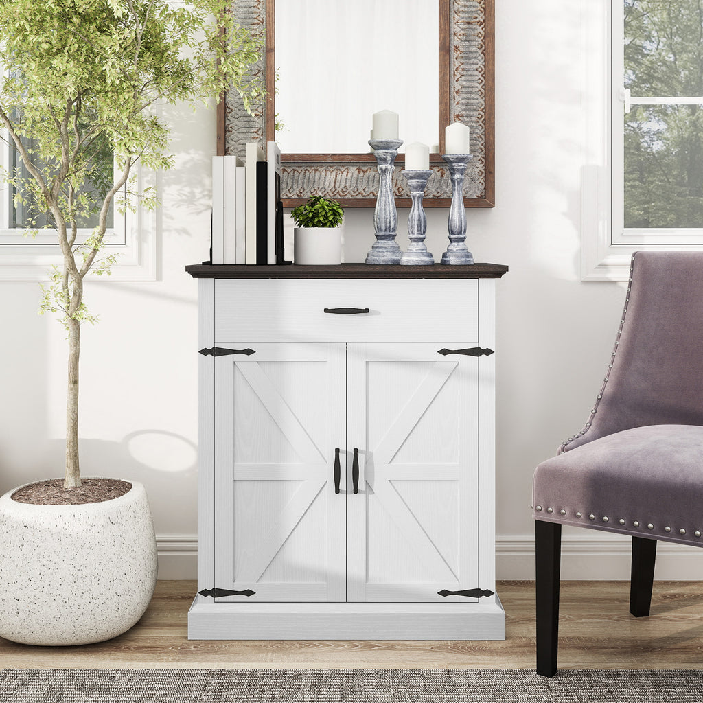 30" Buffet Cabinet, Farmhouse Sideboard with 1.2" Thick Top, 2 Barn Doors, Drawer and Adjustable Shelf, White