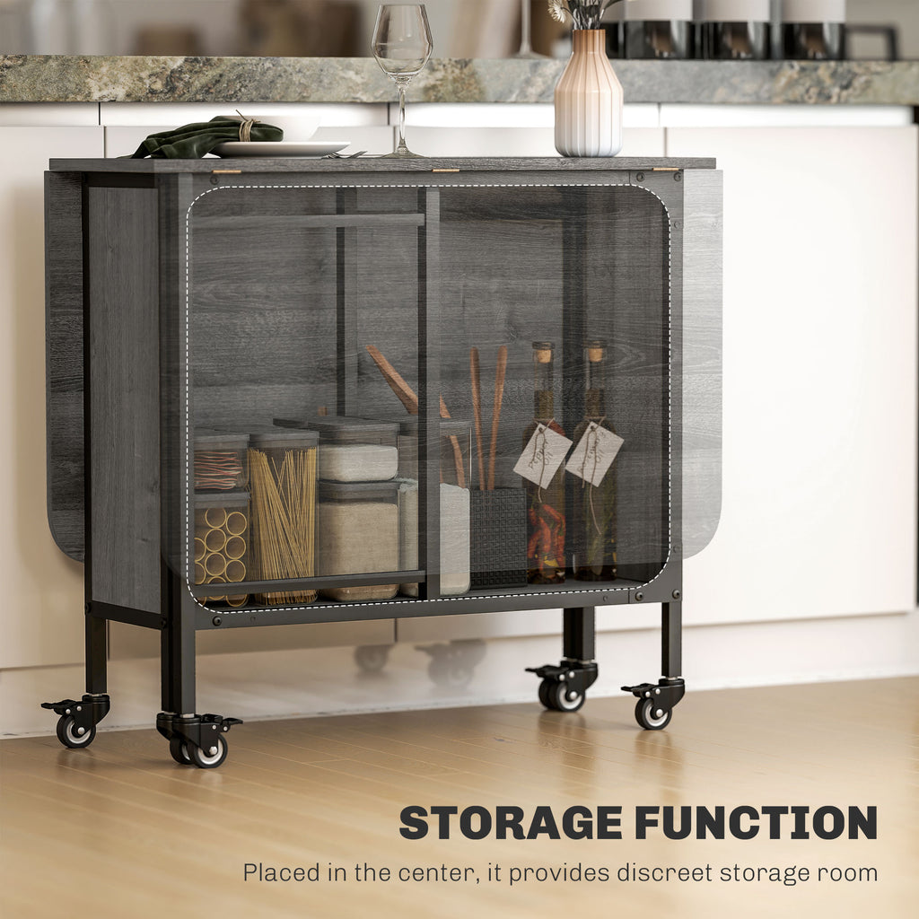 Folding Dining Table, Extendable Kitchen Table for Small Spaces with Storage Shelf and 6 Wheels, Distressed Grey