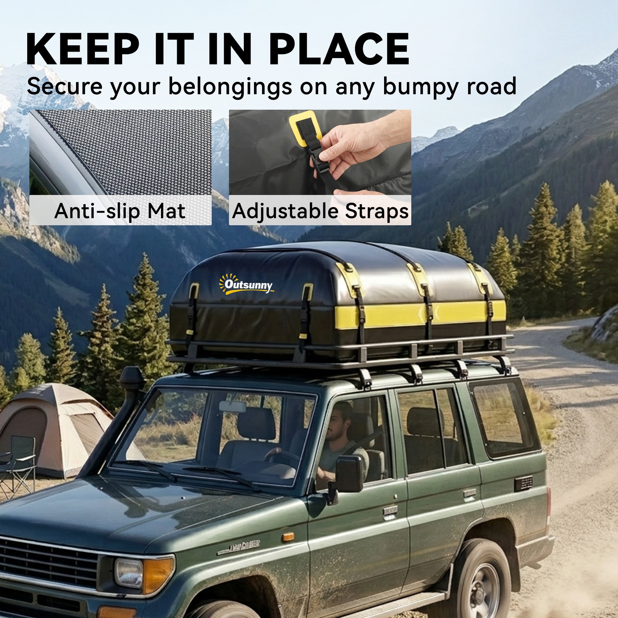 Rooftop Cargo Carrier, 21 Cubic Feet Waterproof Soft-Shell Car Roof Storage Bag w/ Door Hooks, Reflective Arrows, Yellow