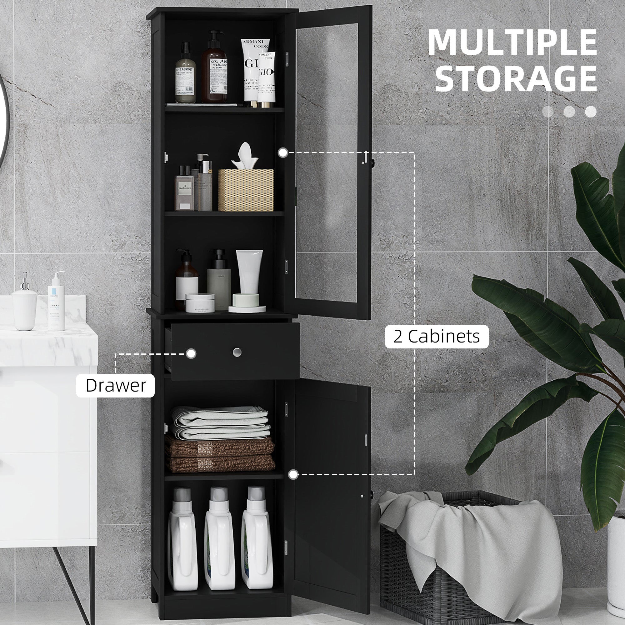 Tall Bathroom Cabinet, Bathroom Storage Cabinet with Drawers, 2 Doors and Adjustable Shelves, White