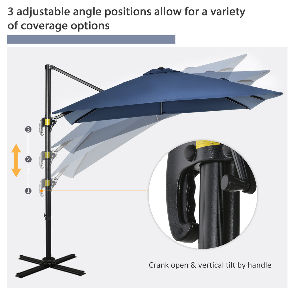 8' x 8' Square Patio Hanging Offset Umbrella with 360° Rotation, Aluminum Outdoor Cantilever Parasol with Crank & Tilt, Sun Canopy Shelter with Cross Base, Dark Blue