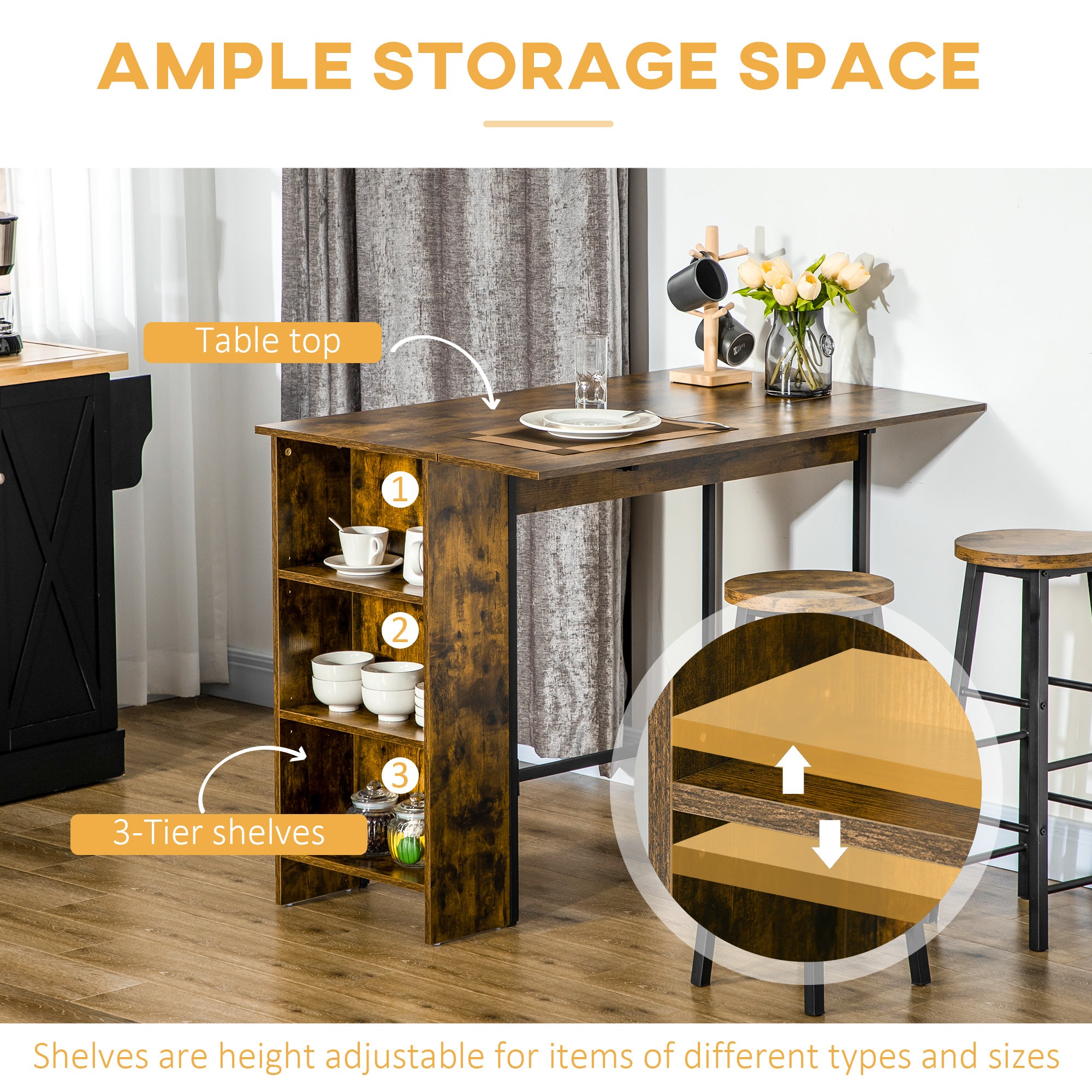 Counter Height Table with Drop Leaf, Extendable Bar Table with Adjustable Storage Shelf, Rustic Brown