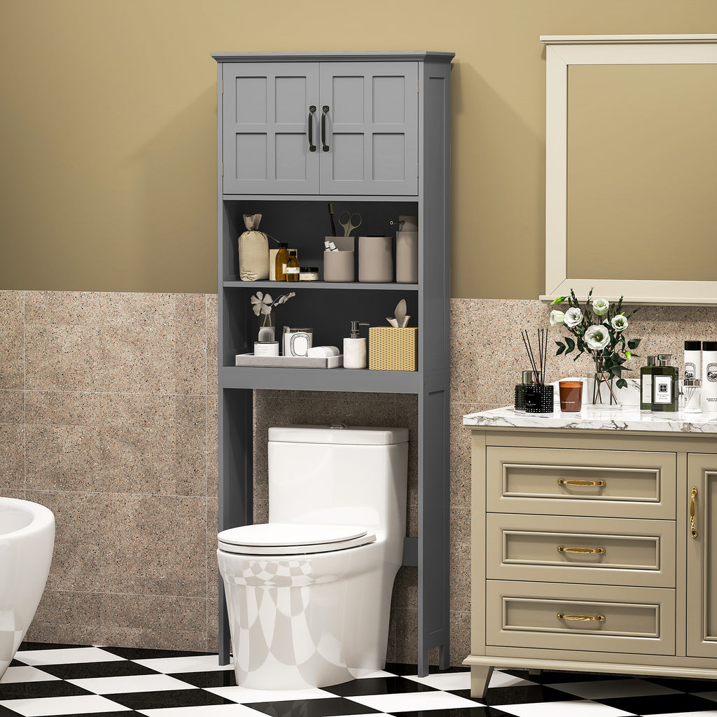 Modern Over The Toilet Storage, Bathroom Cabinets Over Toilet with Open Shelves and Double Door Cabinet, White