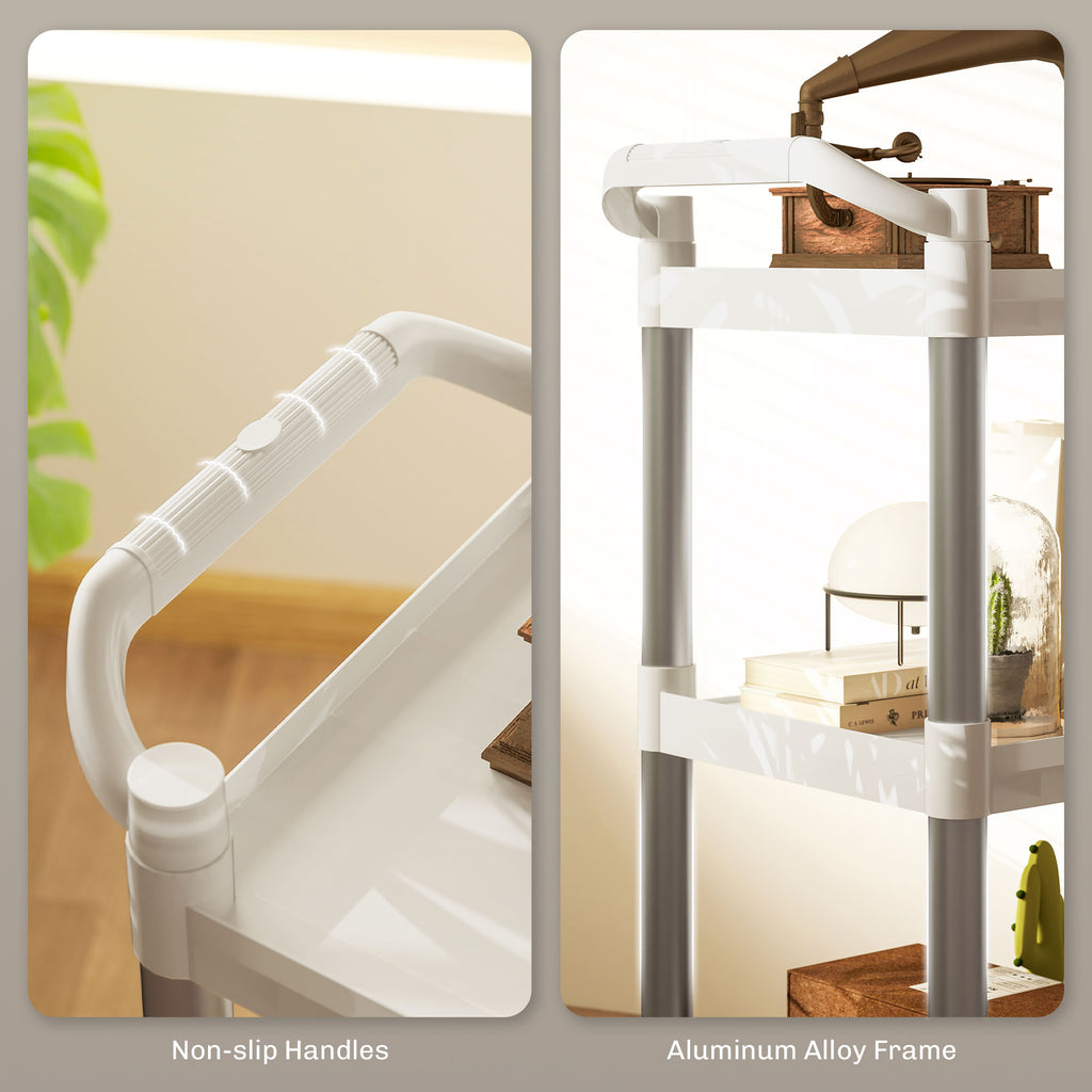 3-Tier Utility Cart Rolling Storage Trolley with 3 Shelves, Silver and White