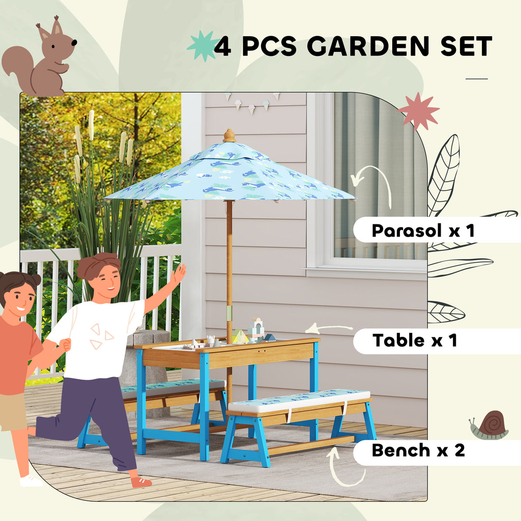 Qaba Kids Picnic Table and Bench Set with Removable Umbrella, Cushions & Boxes, Dinosaur Theme for Outdoor, Blue