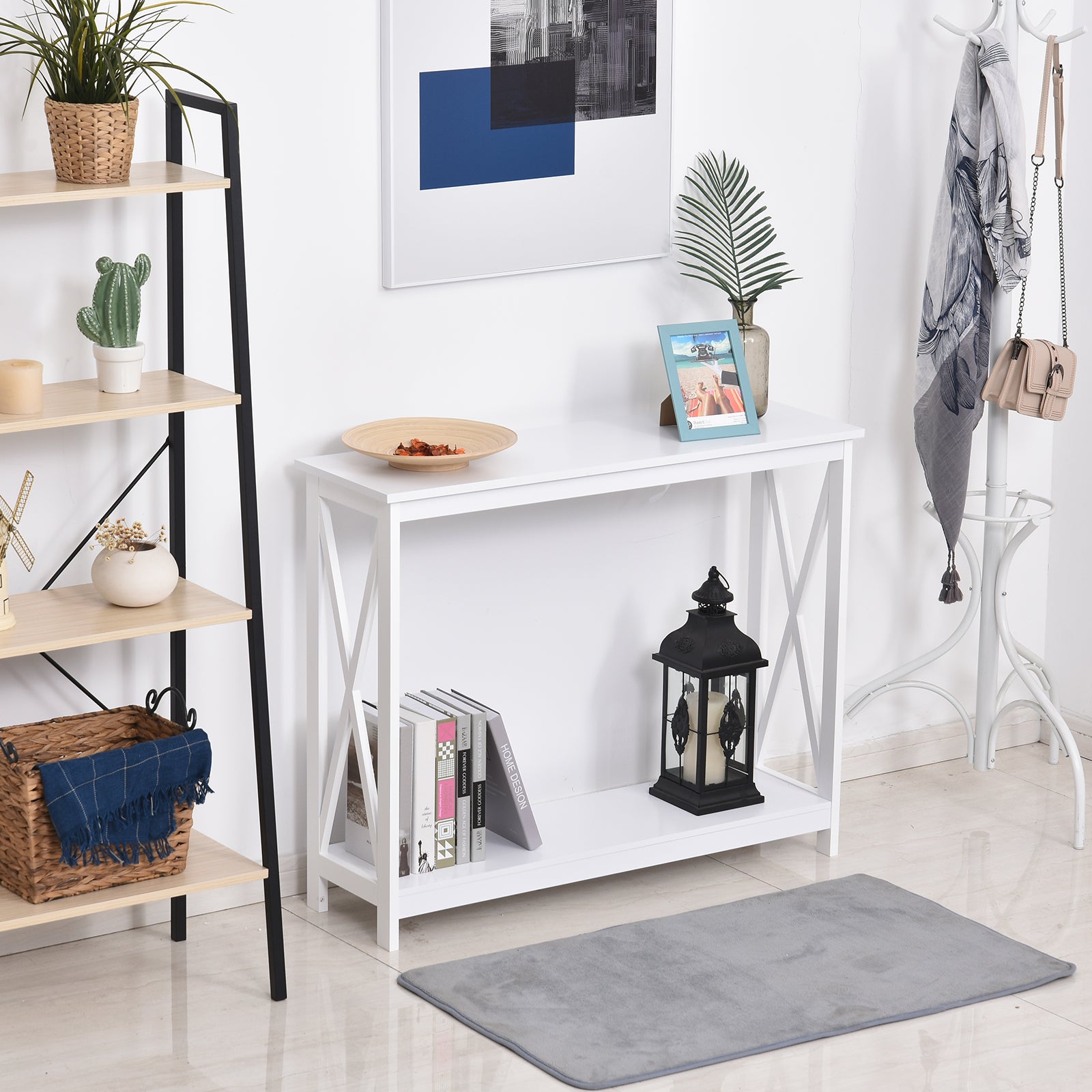 40" Console Table, 2 Tier X-Design Narrow Entryway Table with Storage Shelf for Behind Couch, Living Room, Hallway, White