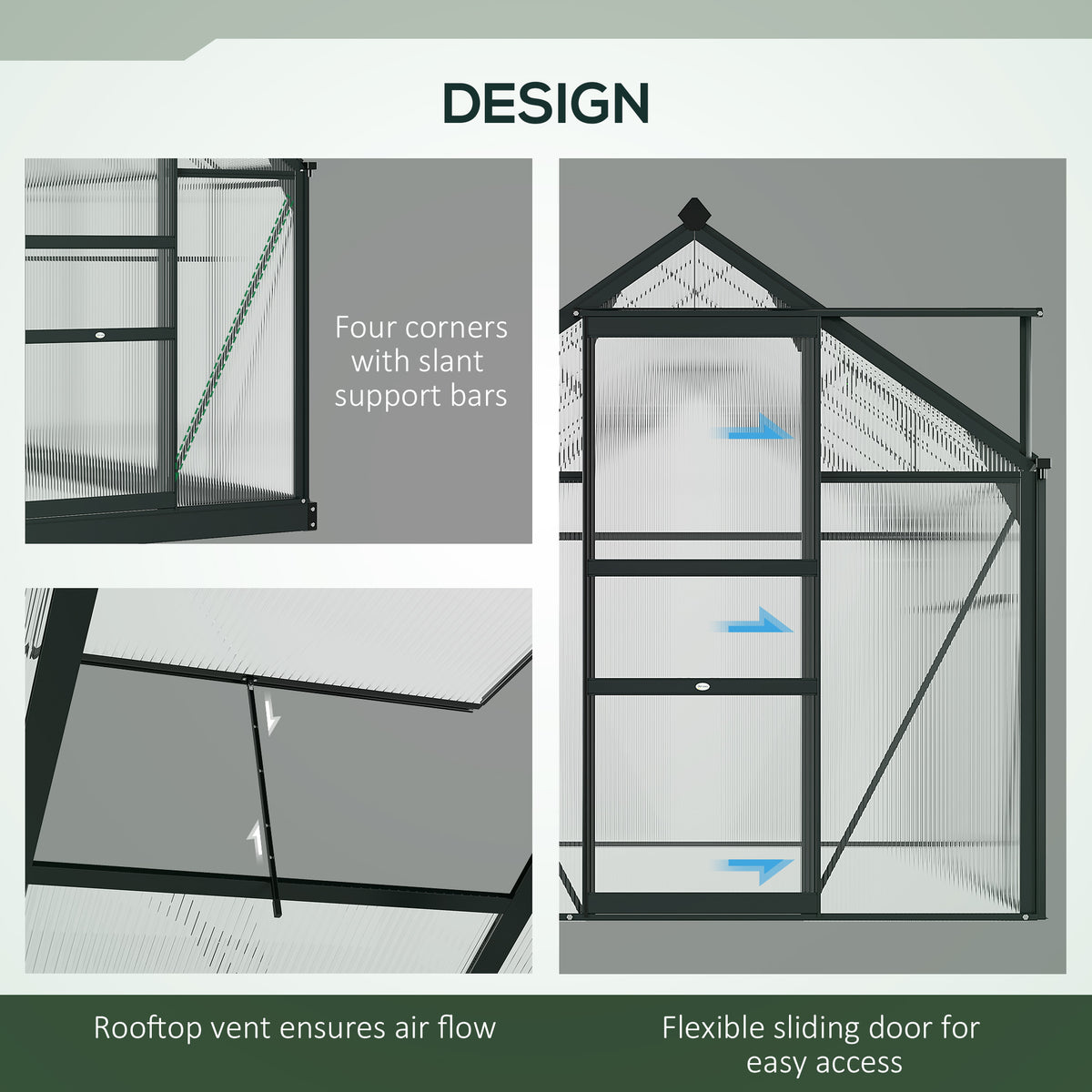 Greenhouse Garden, Green House, Outdoor Greenhouse Kit, PC Board with Sliding Door, 6.2' x 8.3' x 6.6', Grey