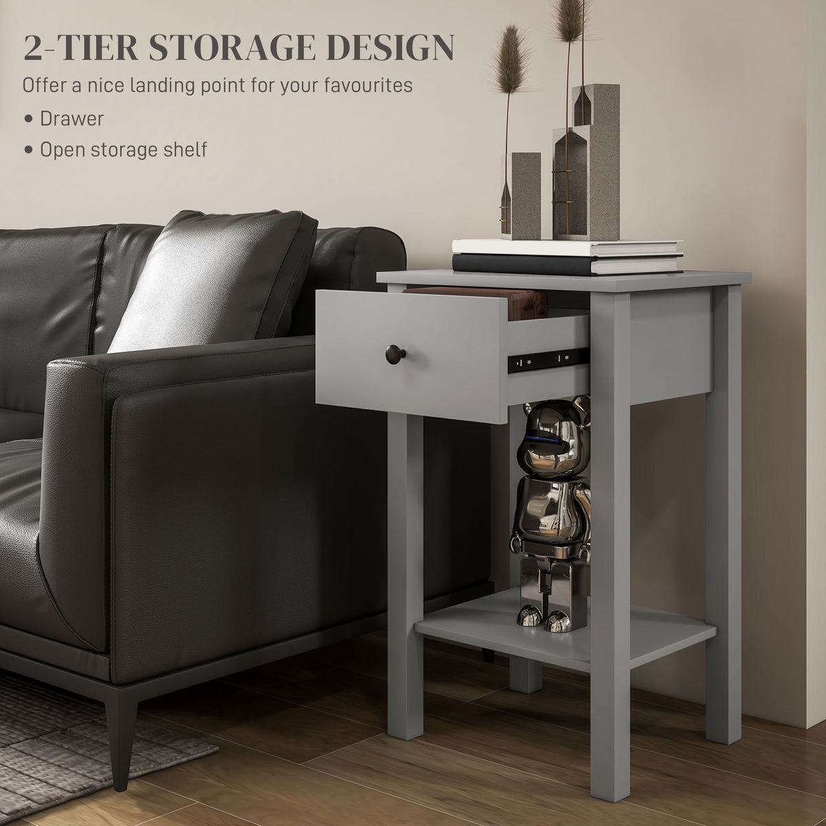 End Tables Set of 2, Side Tables with Drawer and Bottom Shelf, 2-tier Nightstand for Bedroom, Living Room, Grey