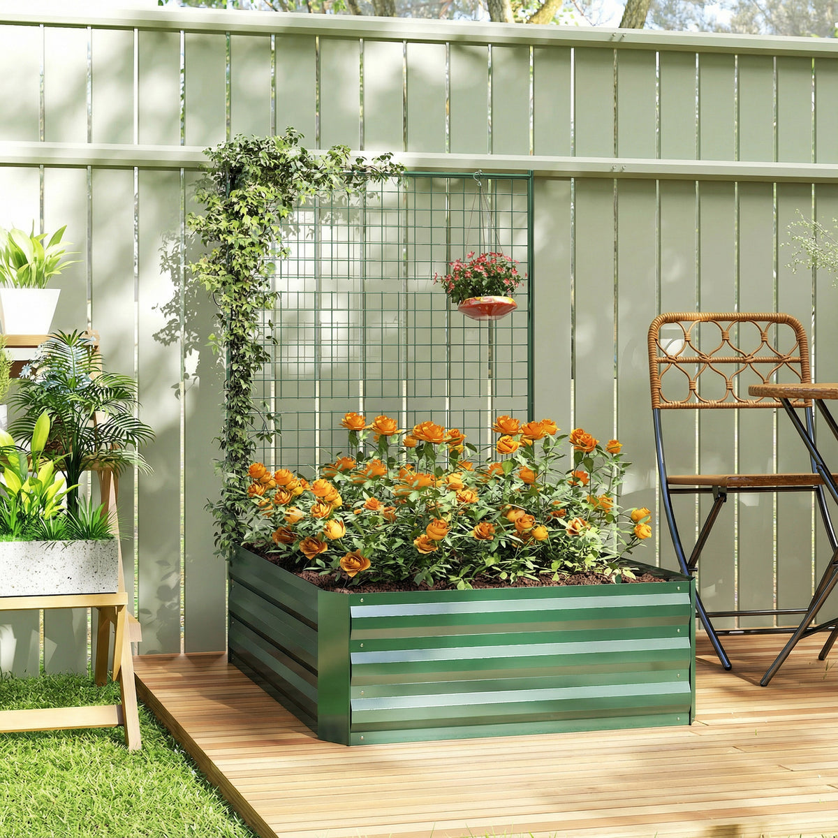 Galvanized Raised Garden Bed with Trellis for Climbing Plants, Outdoor Planter Box with Open Bottom, Black
