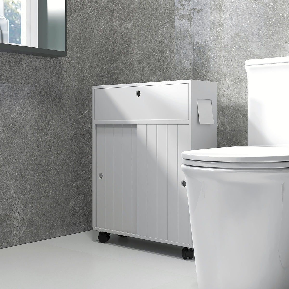 Bathroom Storage Cabinet, Bathroom Cabinet with 4 Rolling Wheels and Paper Holes, 20.5" x 6.75" x 26.5", White