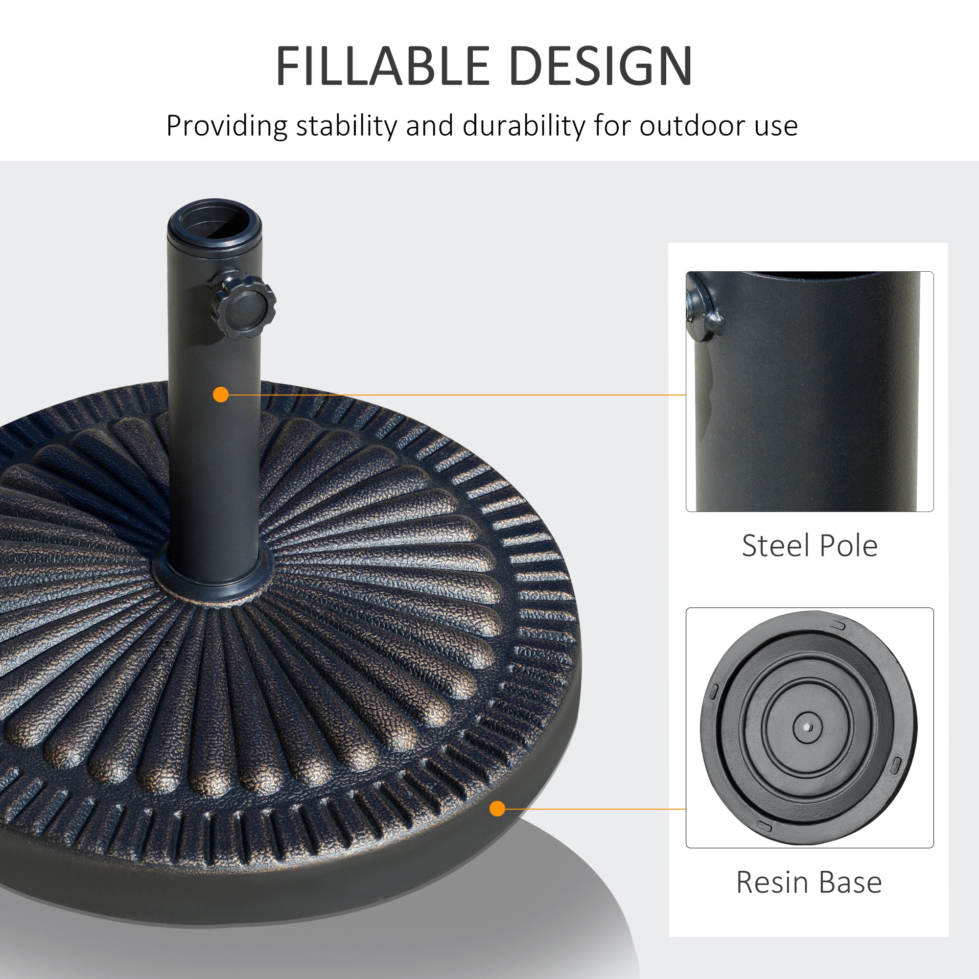Round Umbrella Base Φ19.1", 31.5 lbs Resin Stand with Decorative Design for Poles 1.5"/1.9", Bronze