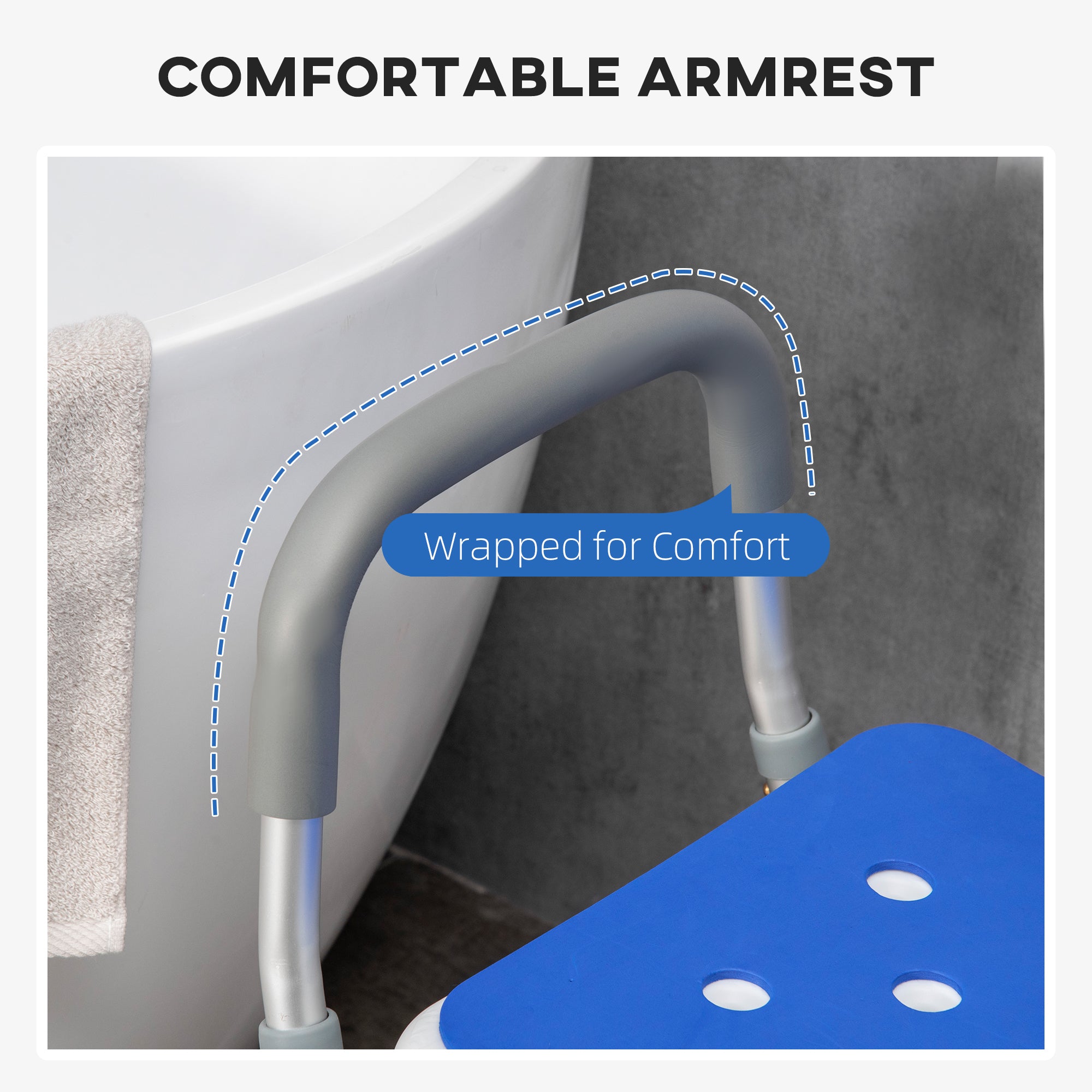Adjustable Shower Chair with Arms and Back, Bath Chair with Regular Seat, Anti-slip Shower Bench for Seniors and Disabled, Tool-Free Assembly, 300lbs, Blue