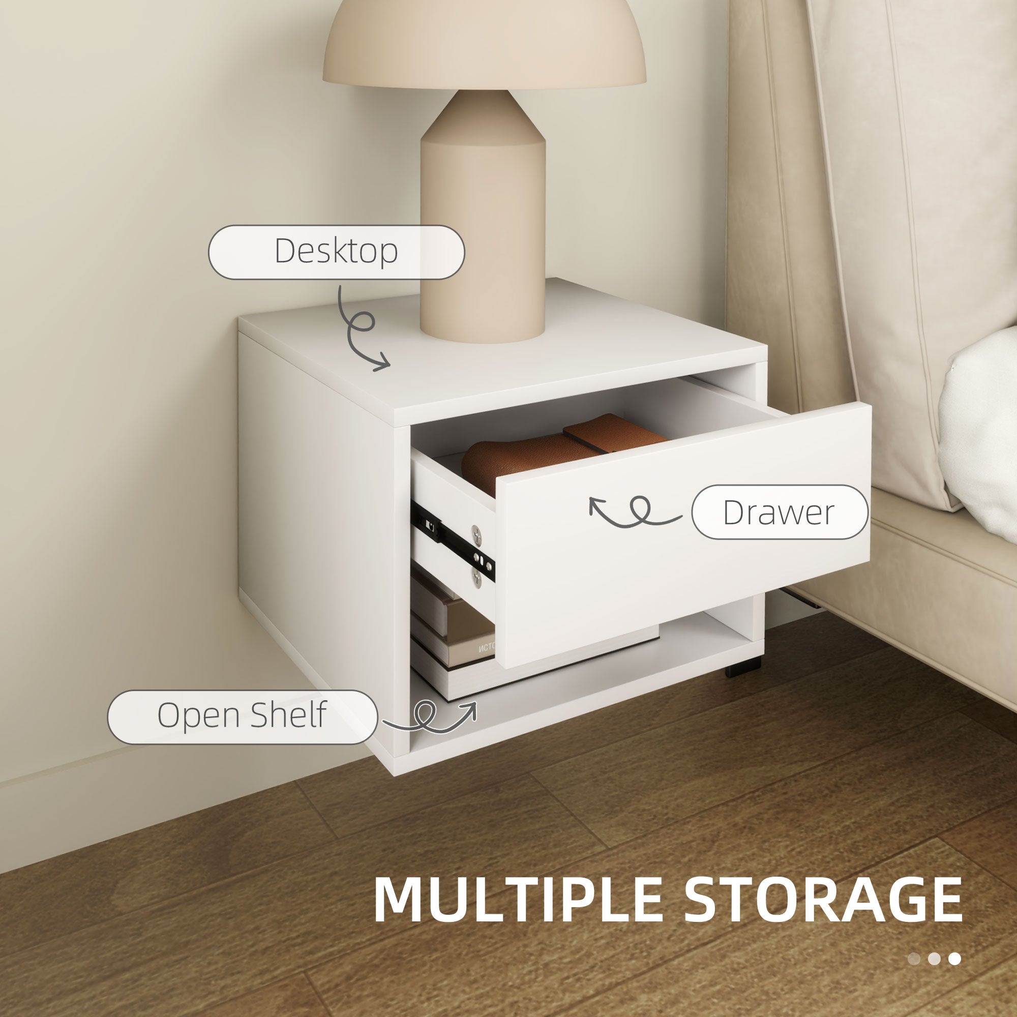 Floating Nightstand Set of 2, Wall Mounted Bedside Table with Drawer for Bedroom, White